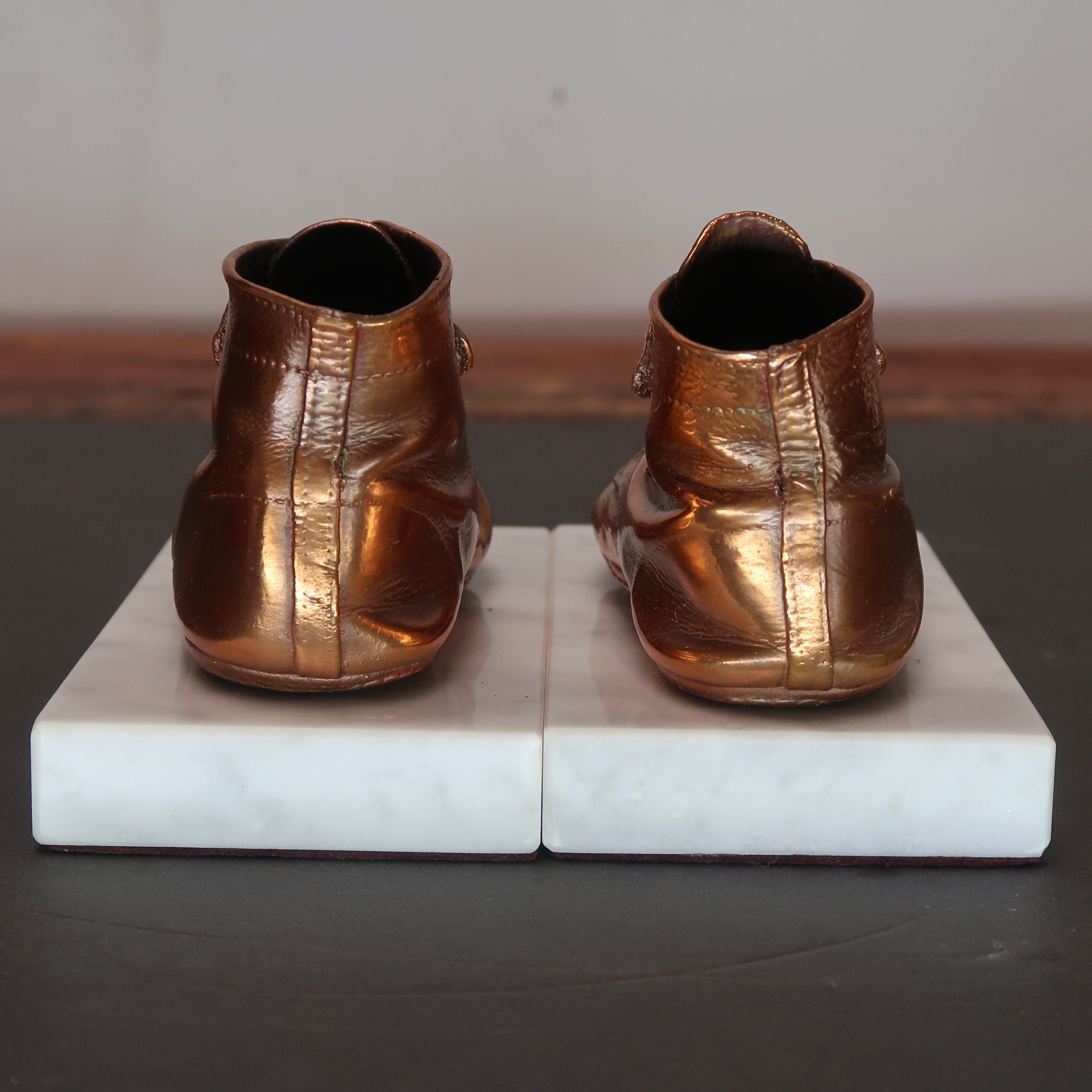 Pair Bronzed Baby Shoes on Marble Base 6" x 3" x H 3.5" Made In Italy Vintage