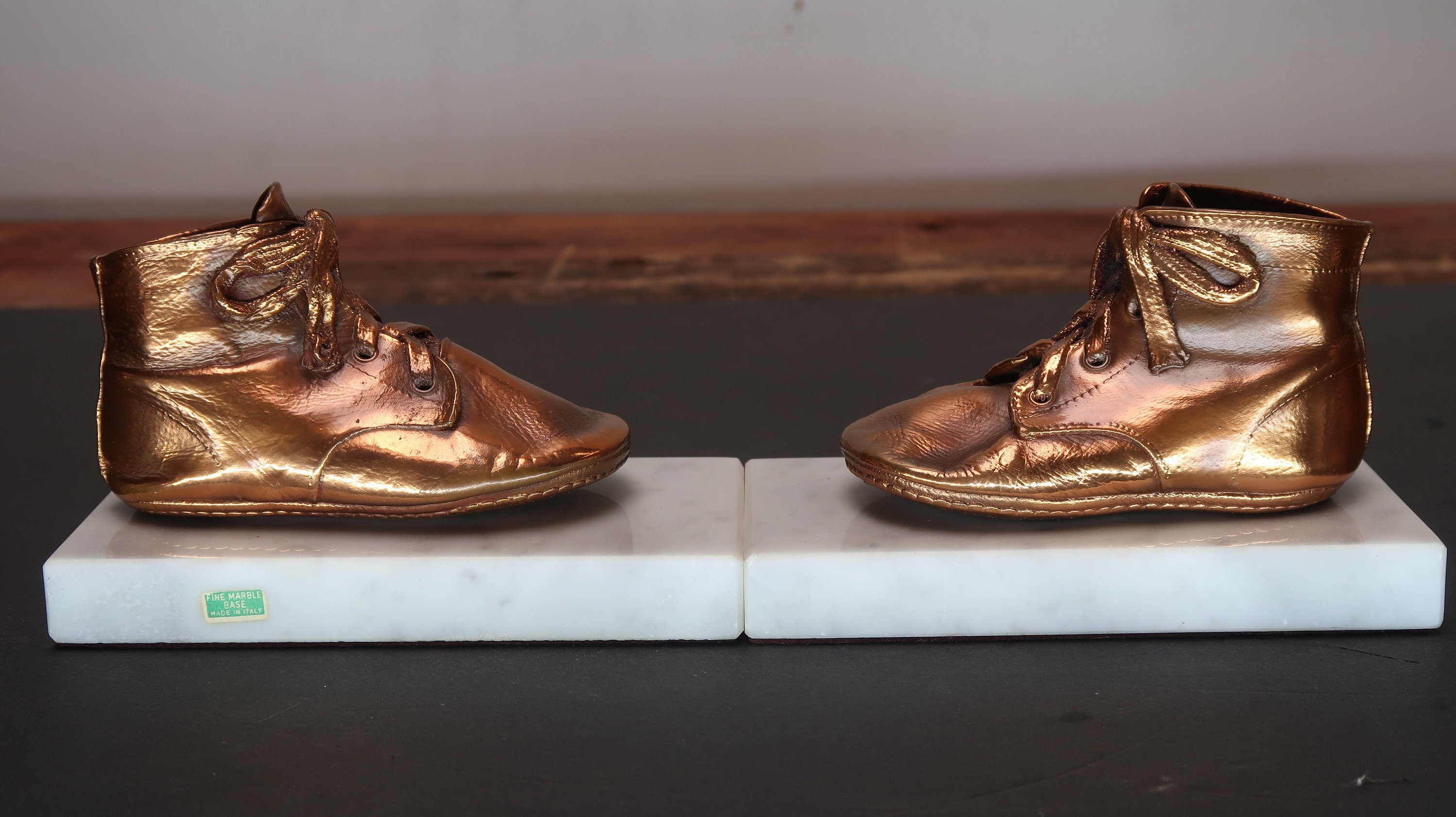 Pair Bronzed Baby Shoes on Marble Base 6" x 3" x H 3.5" Made In Italy Vintage