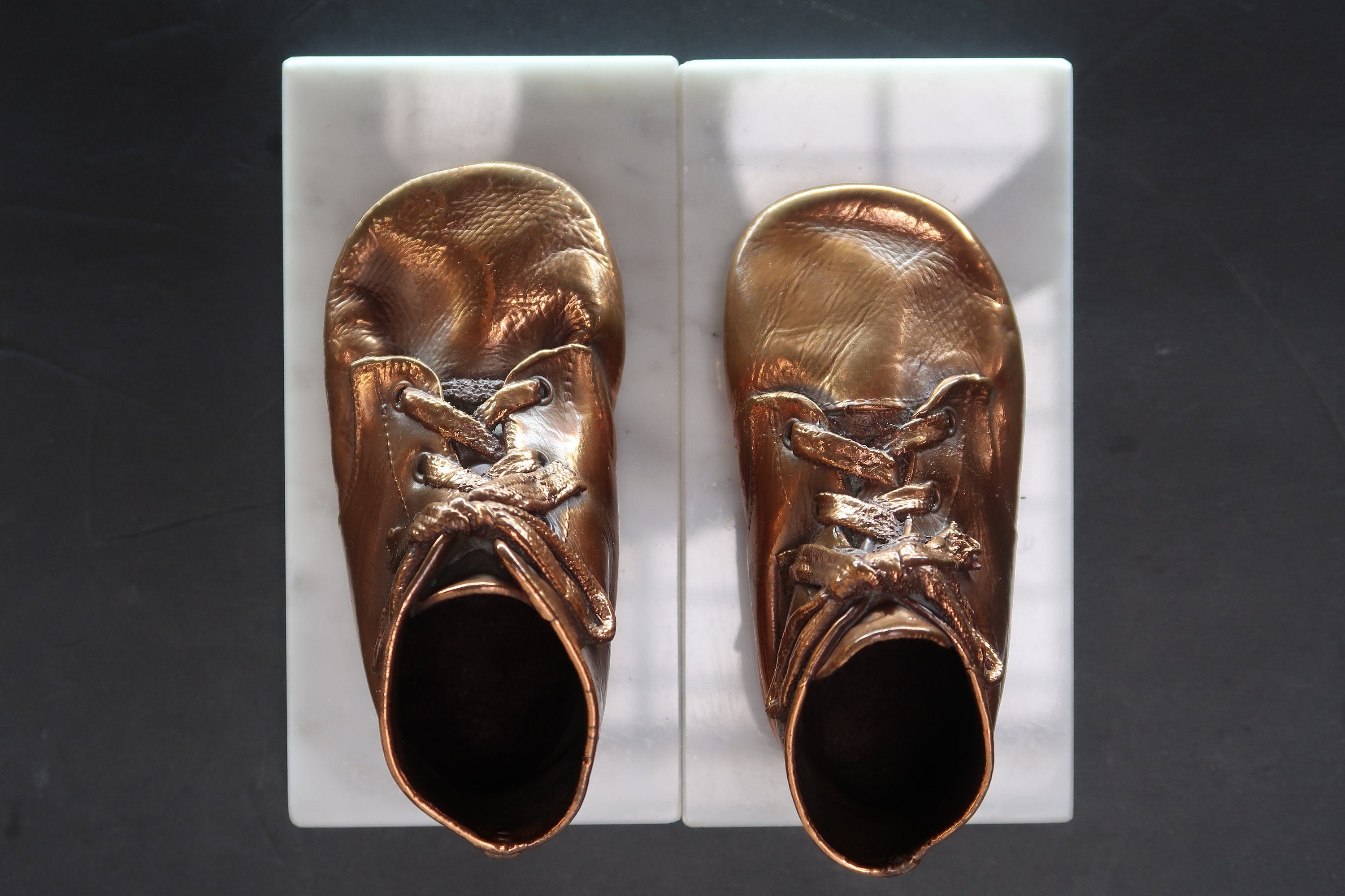 Pair Bronzed Baby Shoes on Marble Base 6" x 3" x H 3.5" Made In Italy Vintage