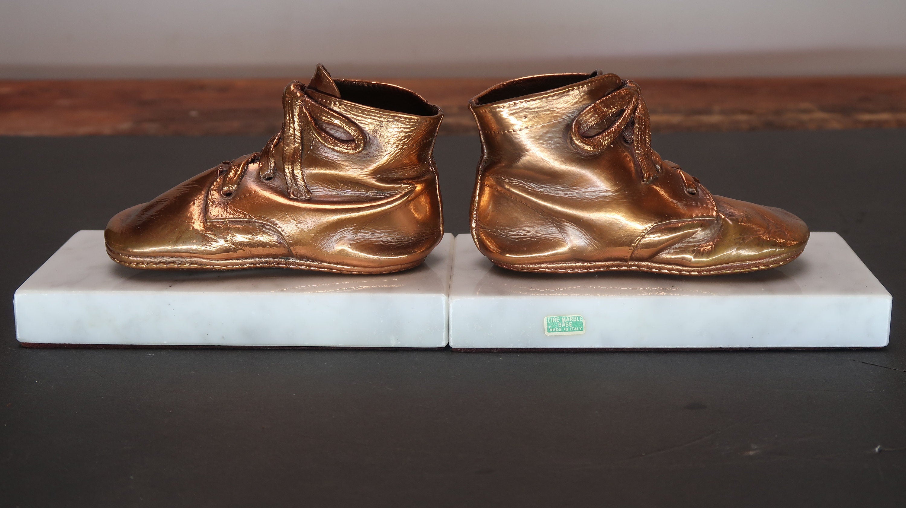 Pair Bronzed Baby Shoes on Marble Base 6" x 3" x H 3.5" Made In Italy Vintage