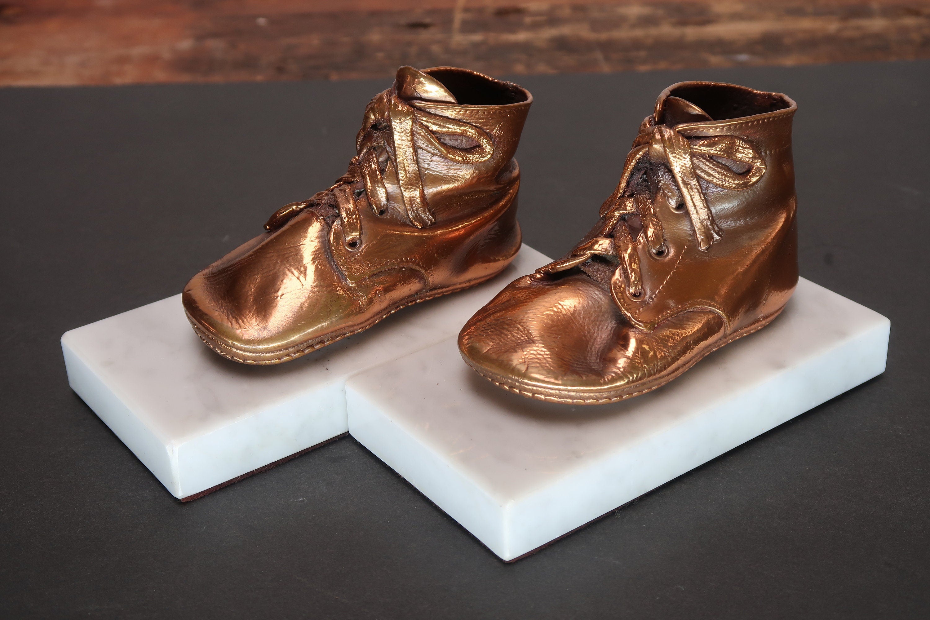 Pair Bronzed Baby Shoes on Marble Base 6" x 3" x H 3.5" Made In Italy Vintage