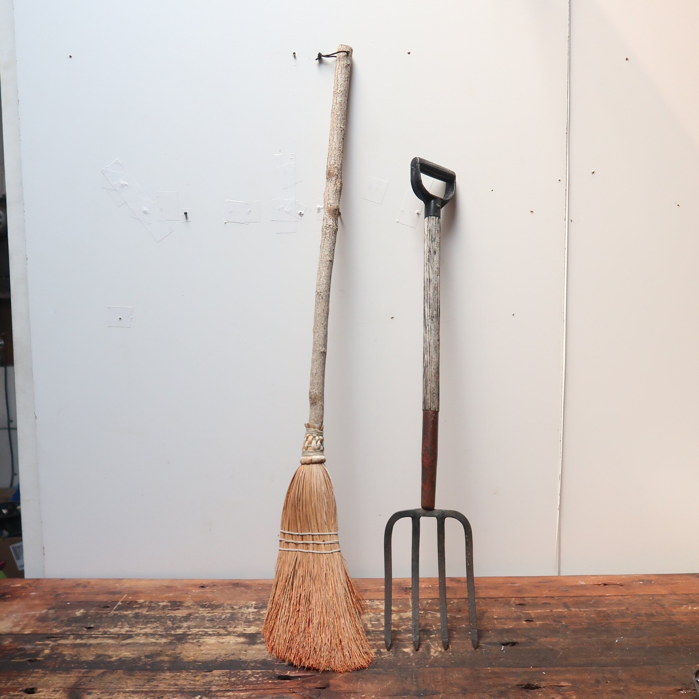 Set of 2 Besom Broom & Four Prong Pitchfork Vintage Gardening Tools