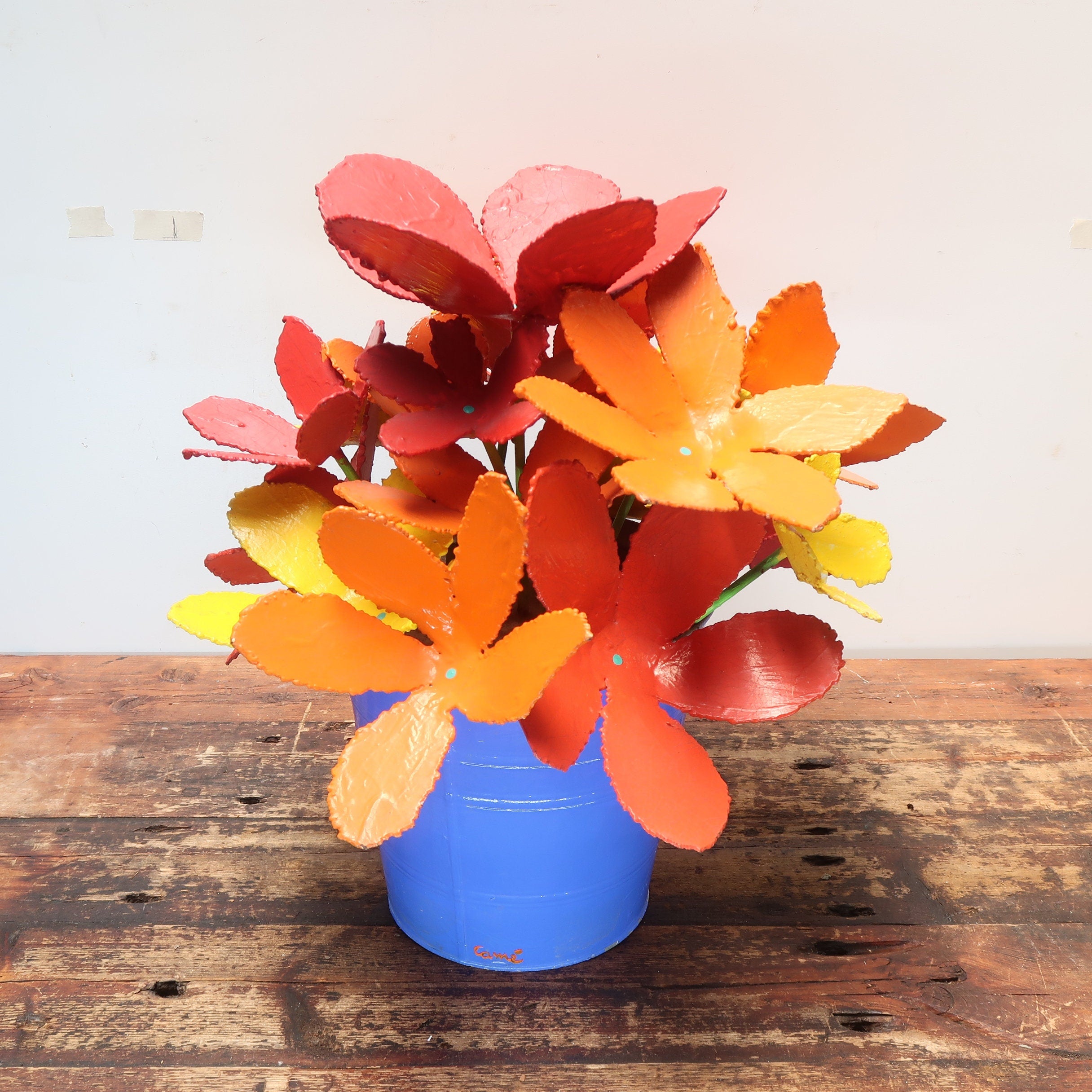 Colorful Iron Flowers In Blue Metal Bucket Garden Yard Sculpture Signed (Local Pickup)