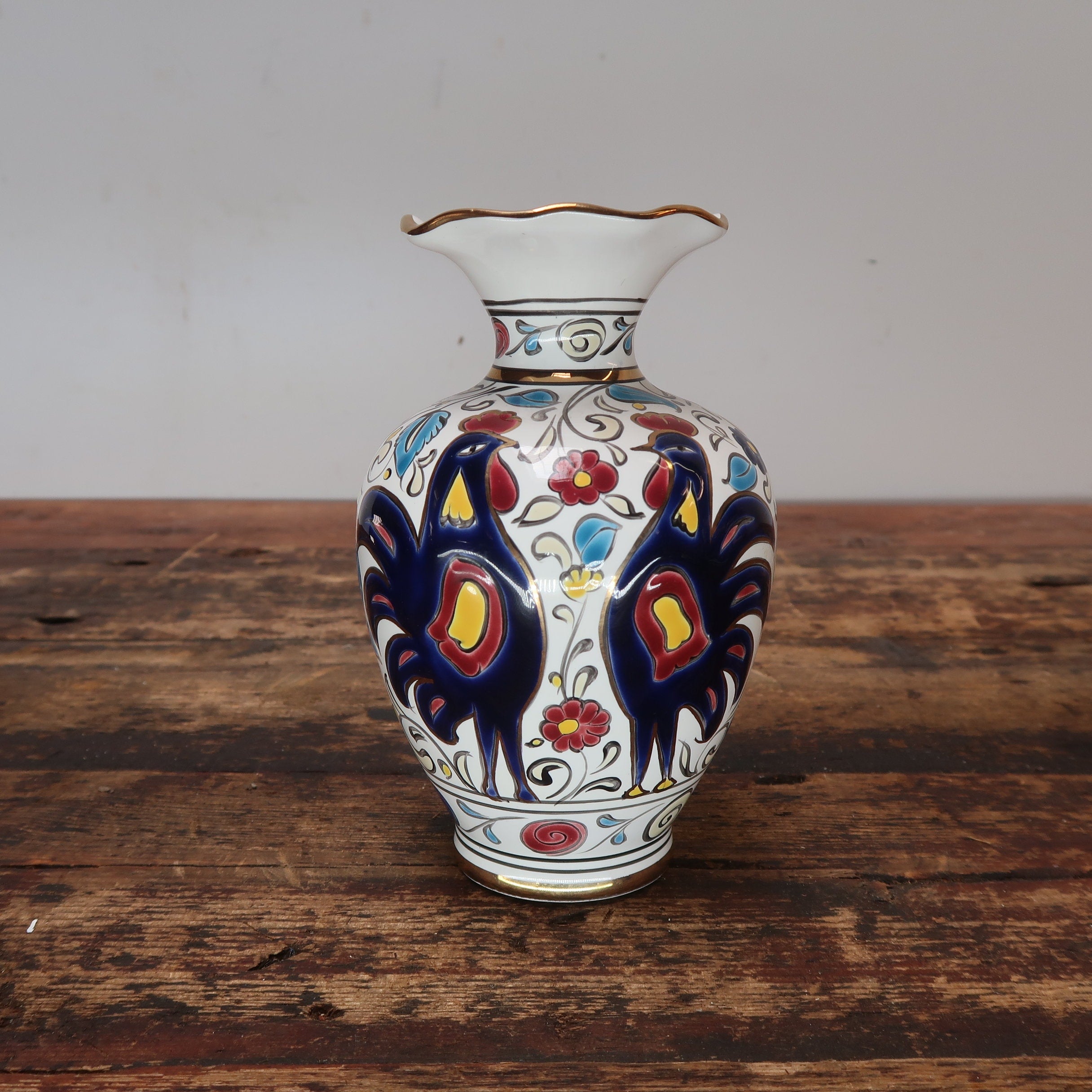 Manousakis Keramik Rodos Greece Greek Ceramic Vase Navy Roosters H 6.5"