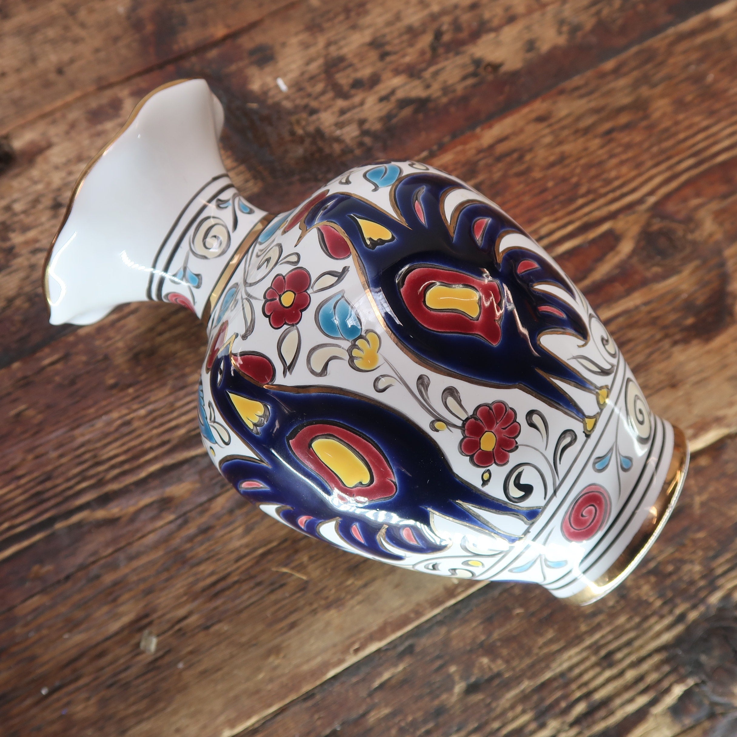 Manousakis Keramik Rodos Greece Greek Ceramic Vase Navy Roosters H 6.5"