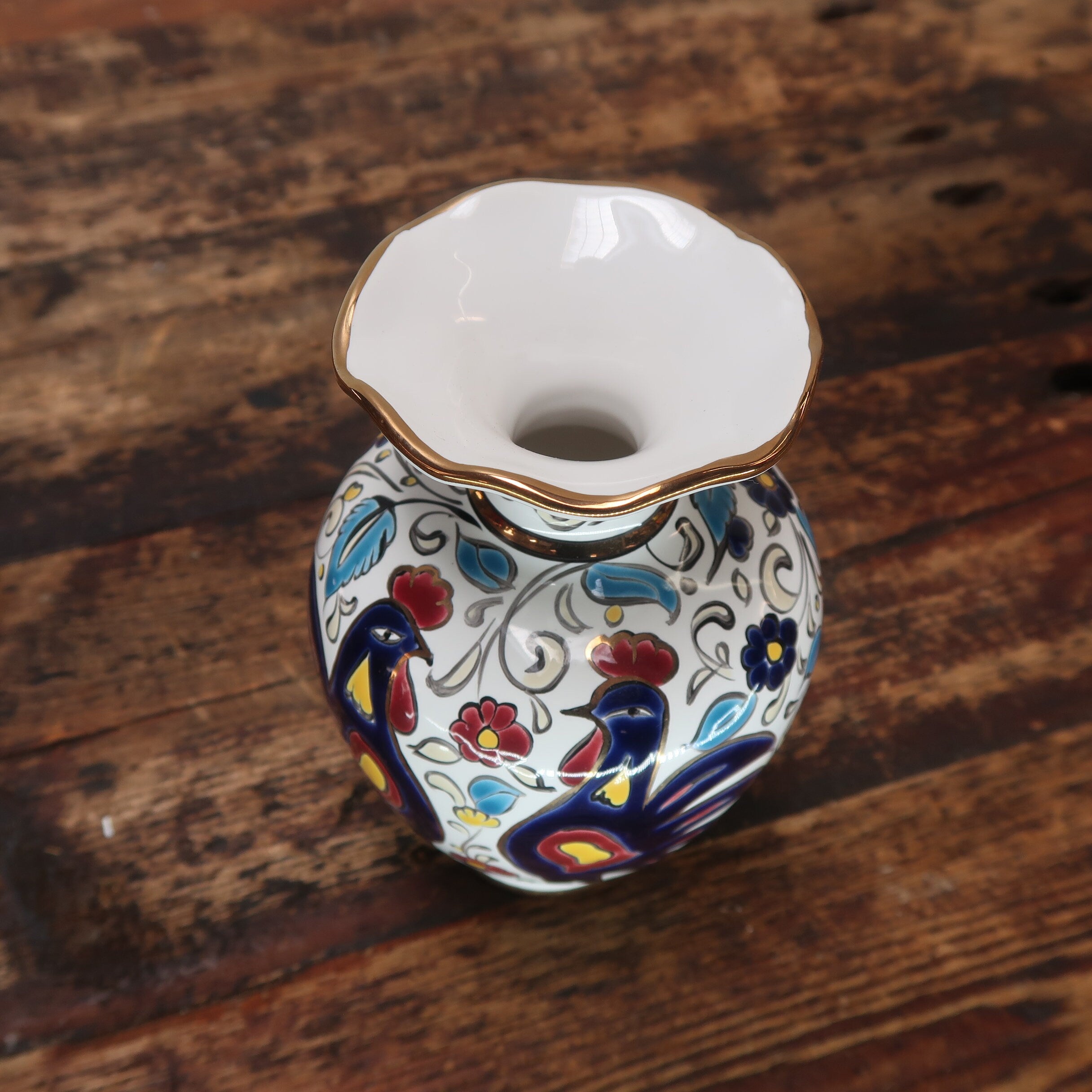 Manousakis Keramik Rodos Greece Greek Ceramic Vase Navy Roosters H 6.5"