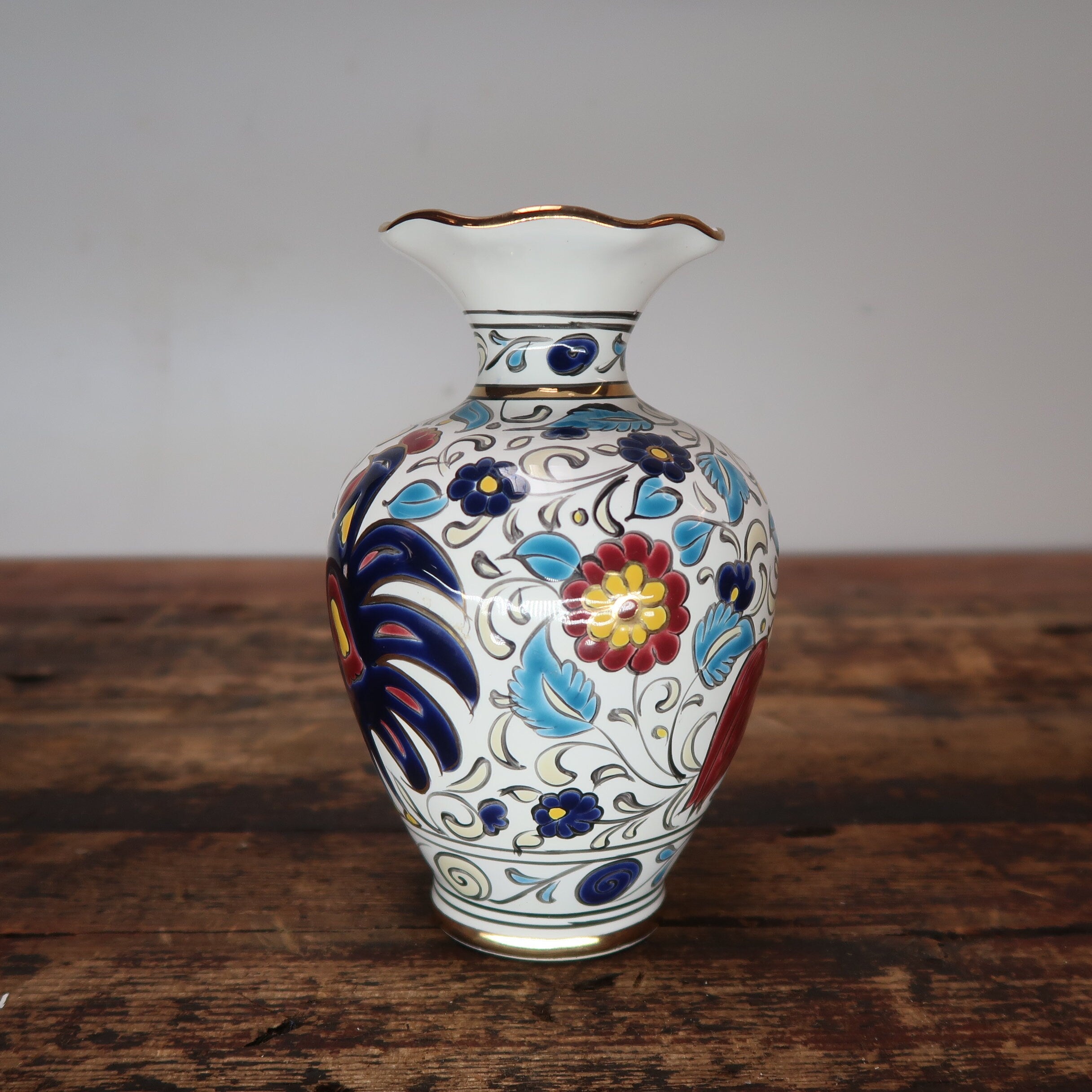 Manousakis Keramik Rodos Greece Greek Ceramic Vase Navy Roosters H 6.5"