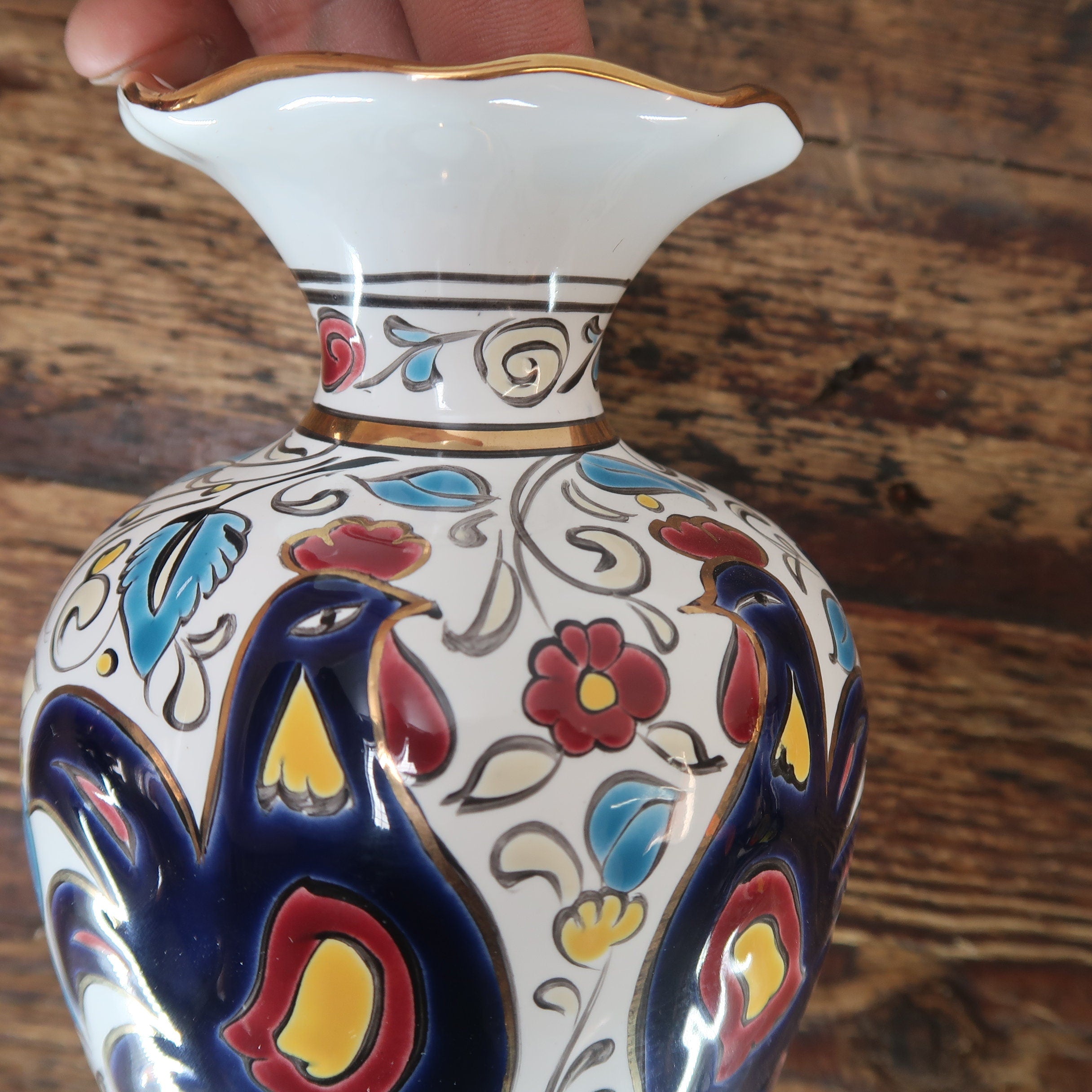 Manousakis Keramik Rodos Greece Greek Ceramic Vase Navy Roosters H 6.5"