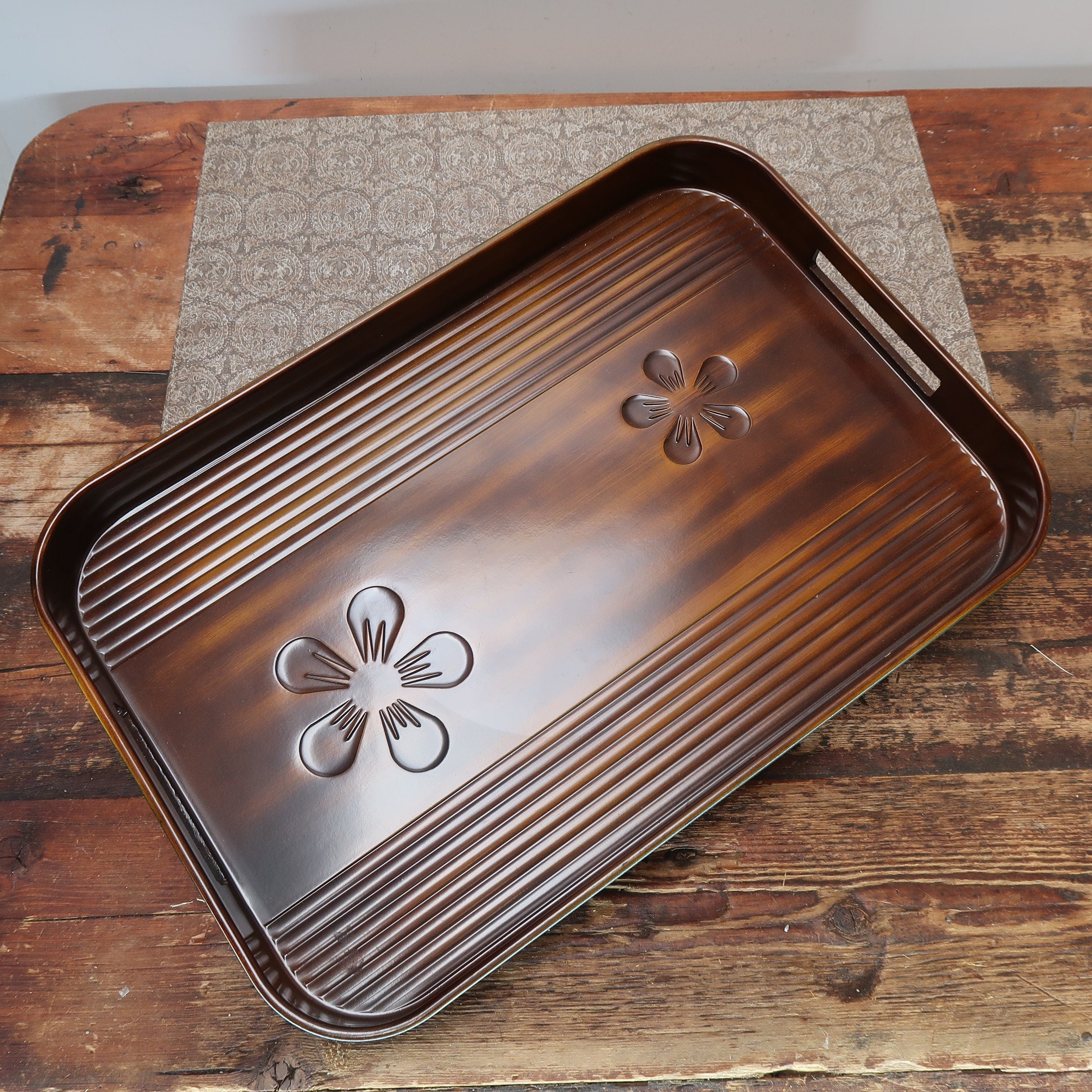 Vintage Japanese Fake Wood Serving Tray Obon Brown MARUSEI 18" x 12" x 1.25"
