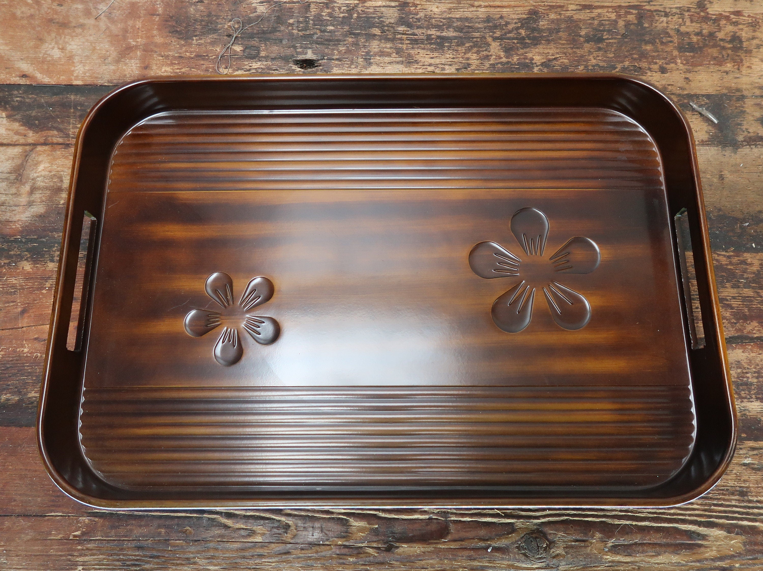 Vintage Japanese Fake Wood Serving Tray Obon Brown MARUSEI 18" x 12" x 1.25"