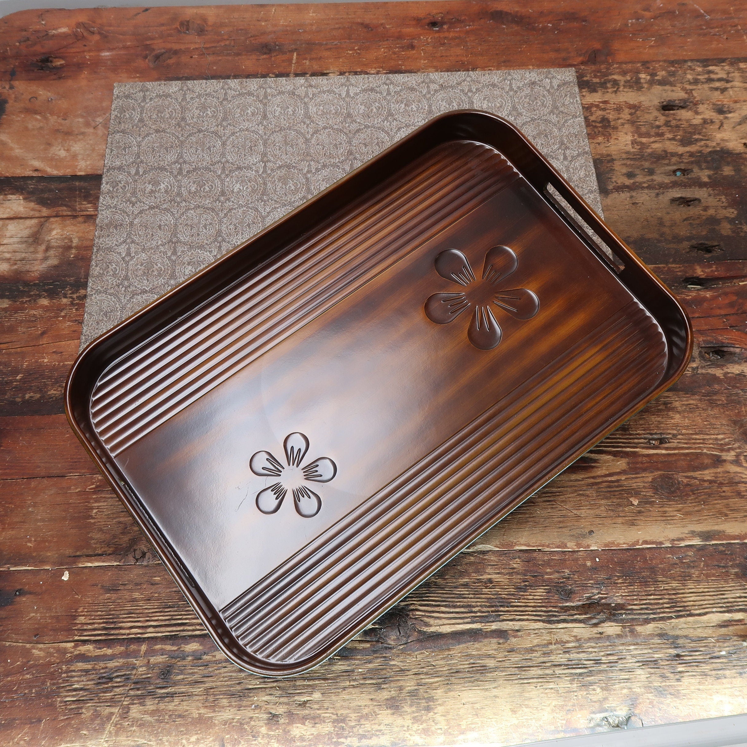 Vintage Japanese Fake Wood Serving Tray Obon Brown MARUSEI 18" x 12" x 1.25"