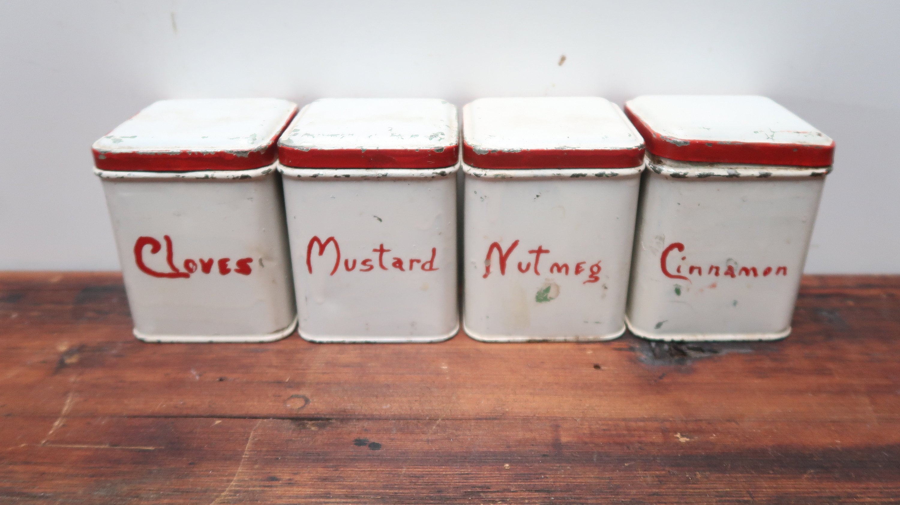 Set of 4 Vintage Hand-Painted Metal Spice Canisters 2.5" x 2.5" x 3.25" H