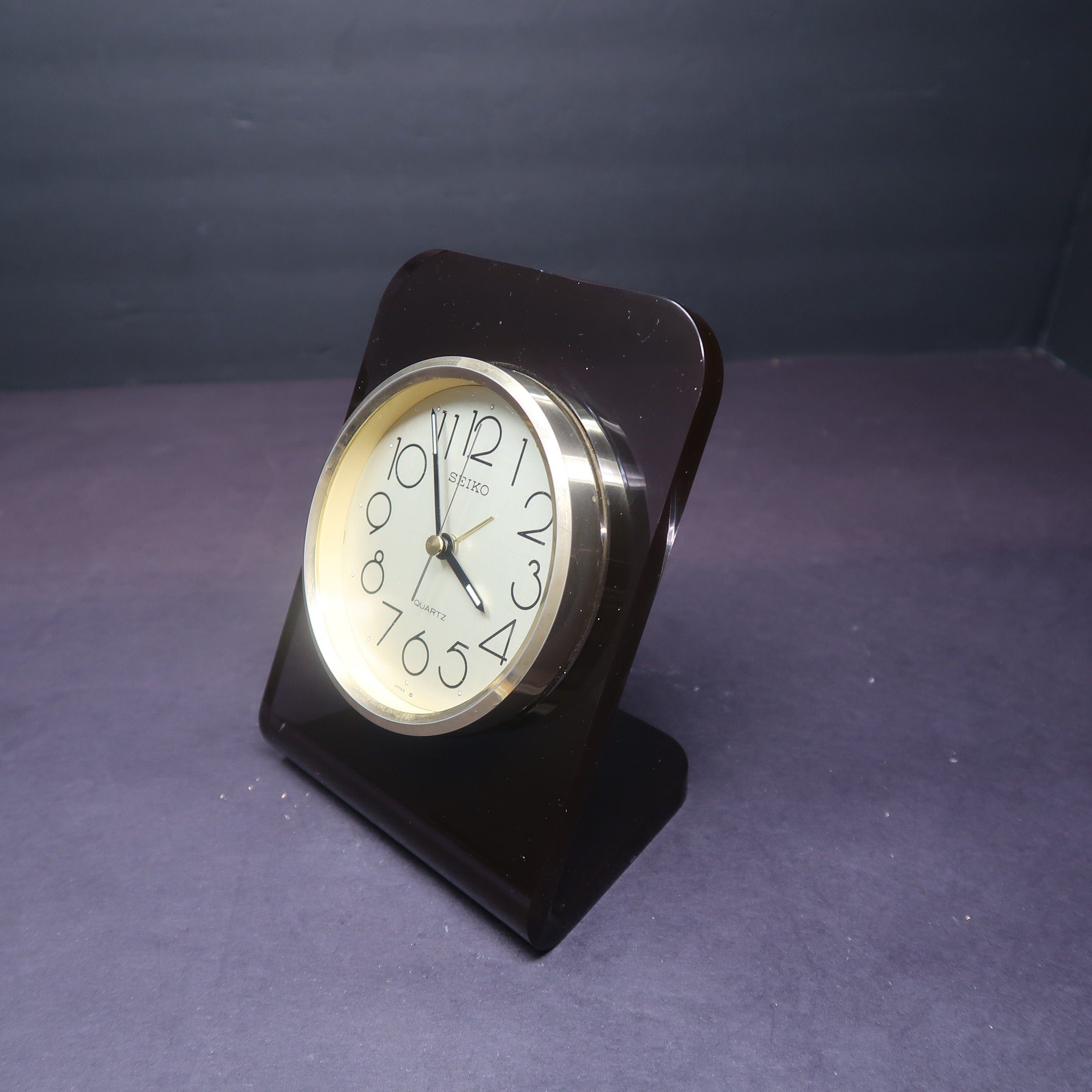 Vintage Seiko Smoked Lucite & Brass Desk Clock 1980s Works