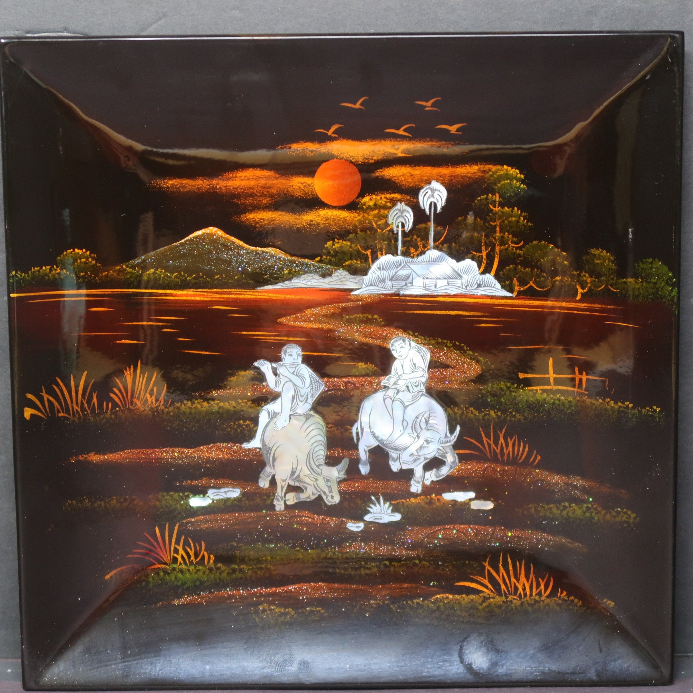 Set of 2 Vietnamese Lacquerware Platter Mother of Pearl Inlay Rural Scene 9.5" x 9.5"