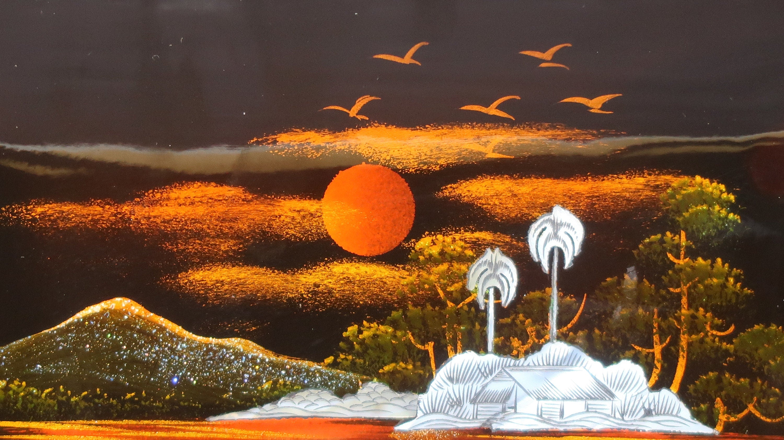 Set of 2 Vietnamese Lacquerware Platter Mother of Pearl Inlay Rural Scene 9.5" x 9.5"