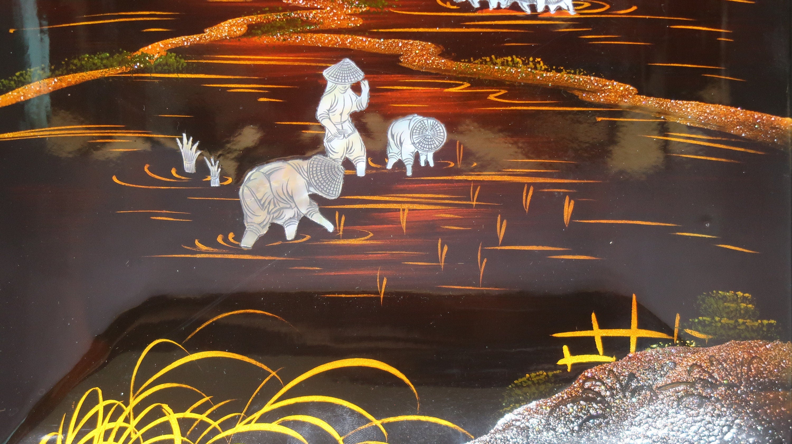 Set of 2 Vietnamese Lacquerware Platter Mother of Pearl Inlay Rural Scene 9.5" x 9.5"