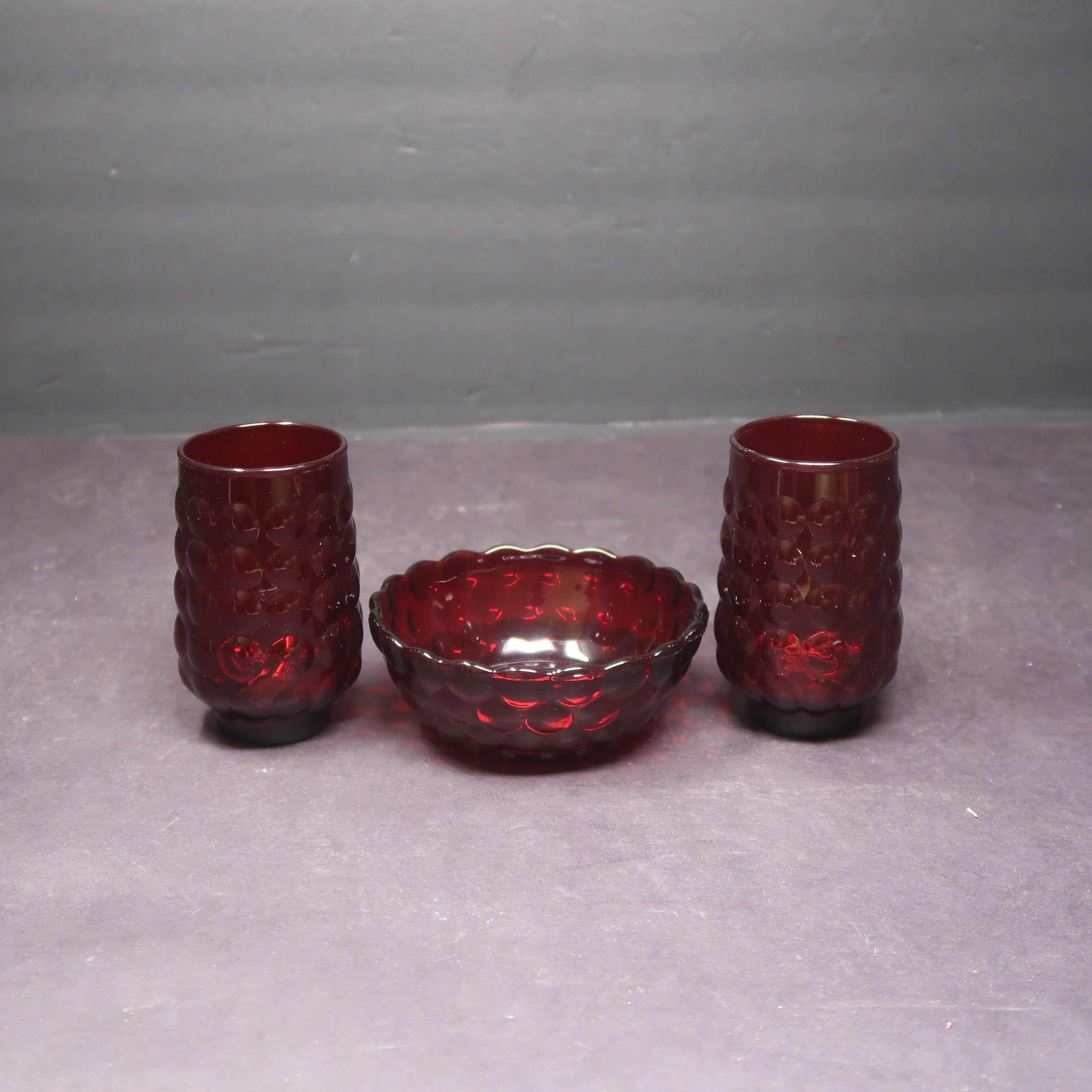 Vintage Anchor Hocking Royal Ruby Red 3 Piece Bubble Set 2 Tumblers & 1 Bowl