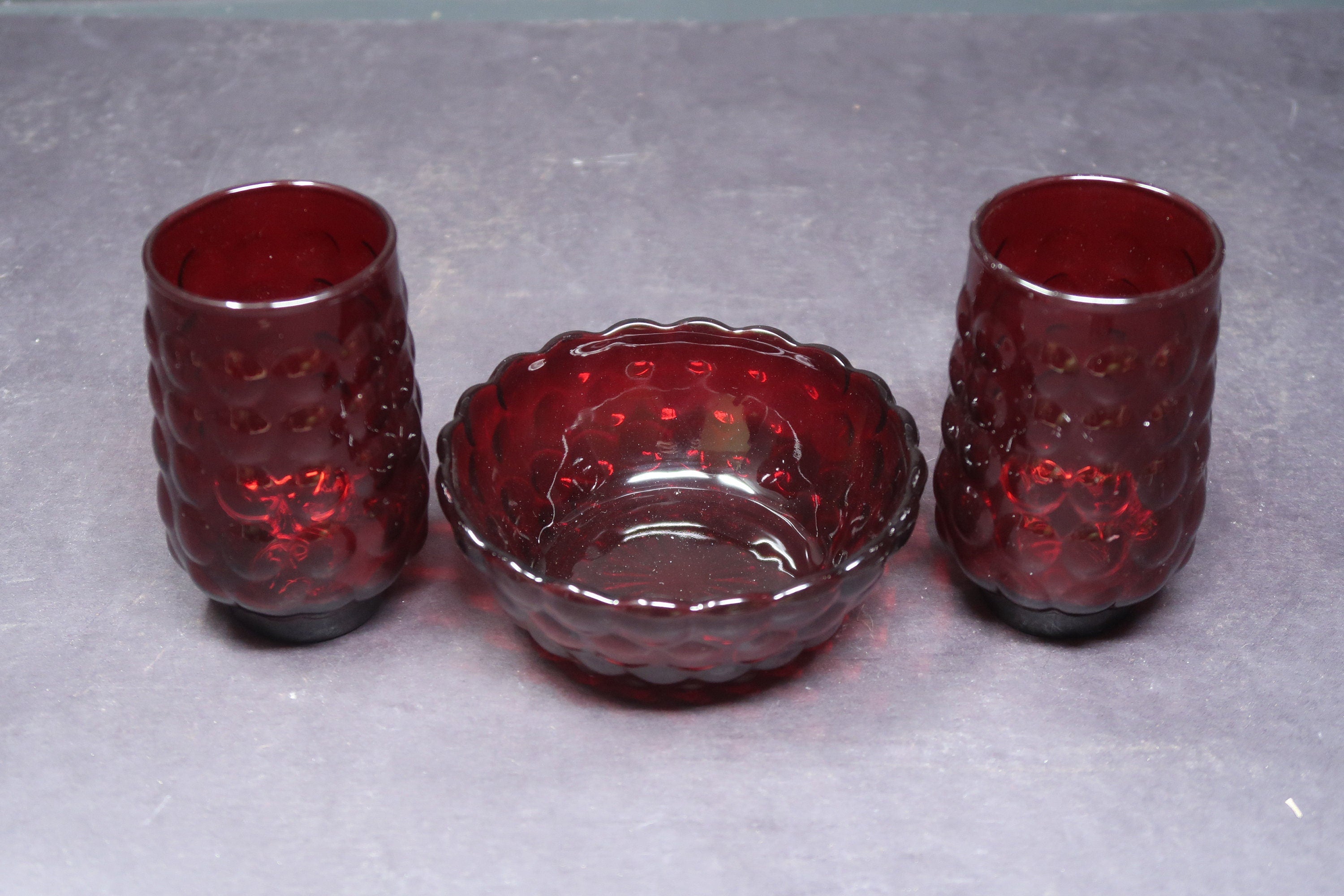 Vintage Anchor Hocking Royal Ruby Red 3 Piece Bubble Set 2 Tumblers & 1 Bowl