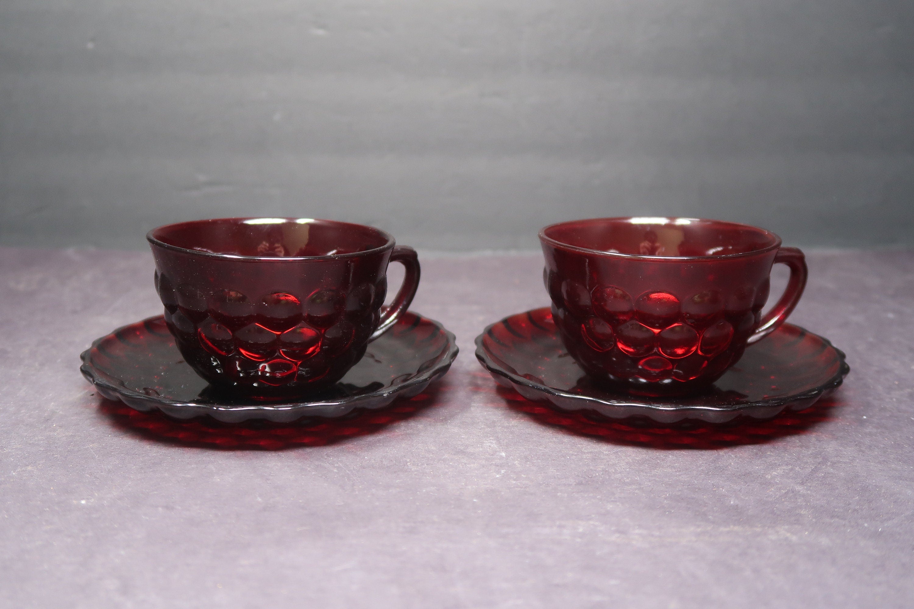 Vintage Anchor Hocking Royal Ruby Red 4 Piece Bubble Set Cups and Saucers