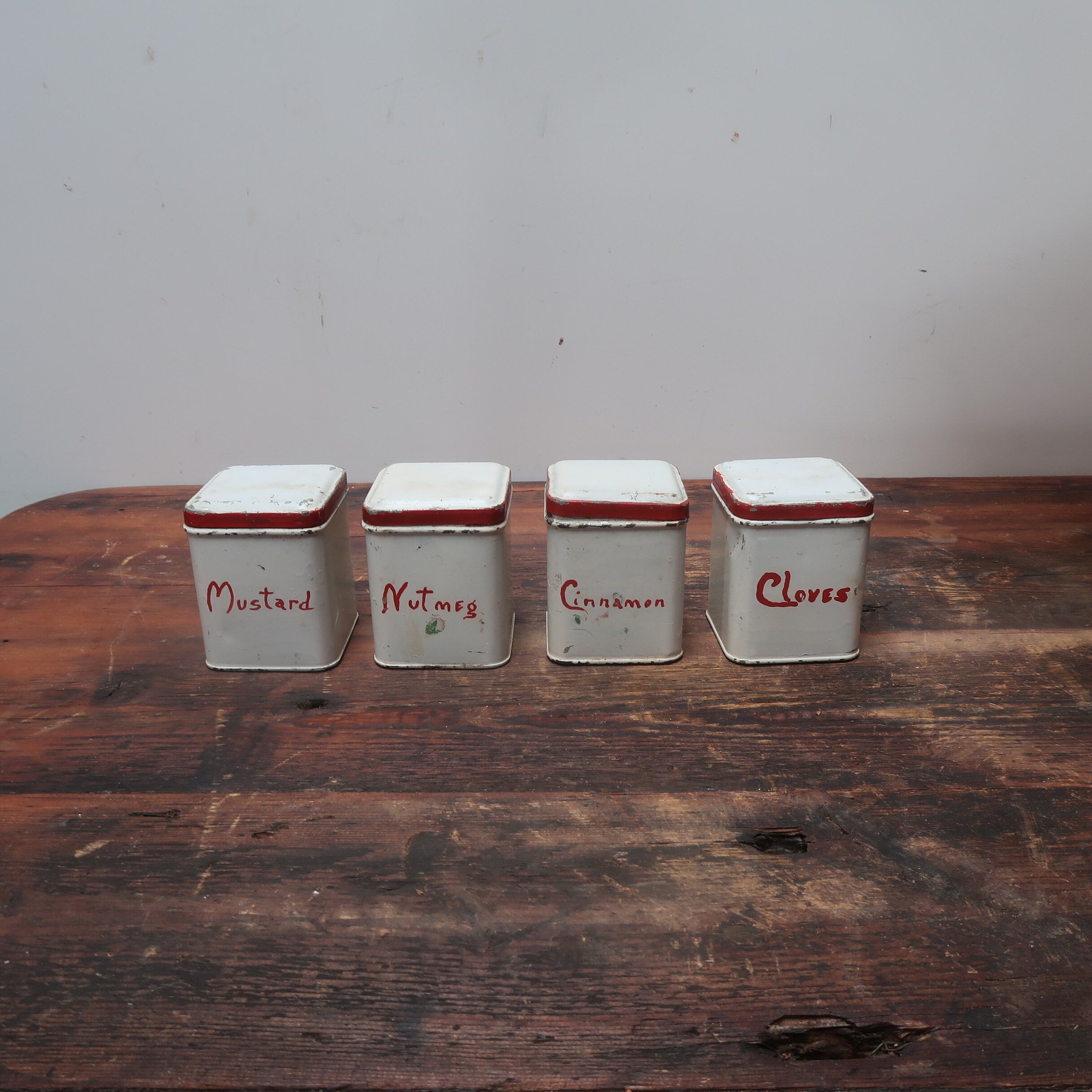 Set of 4 Vintage Hand-Painted Metal Spice Canisters 2.5" x 2.5" x 3.25" H