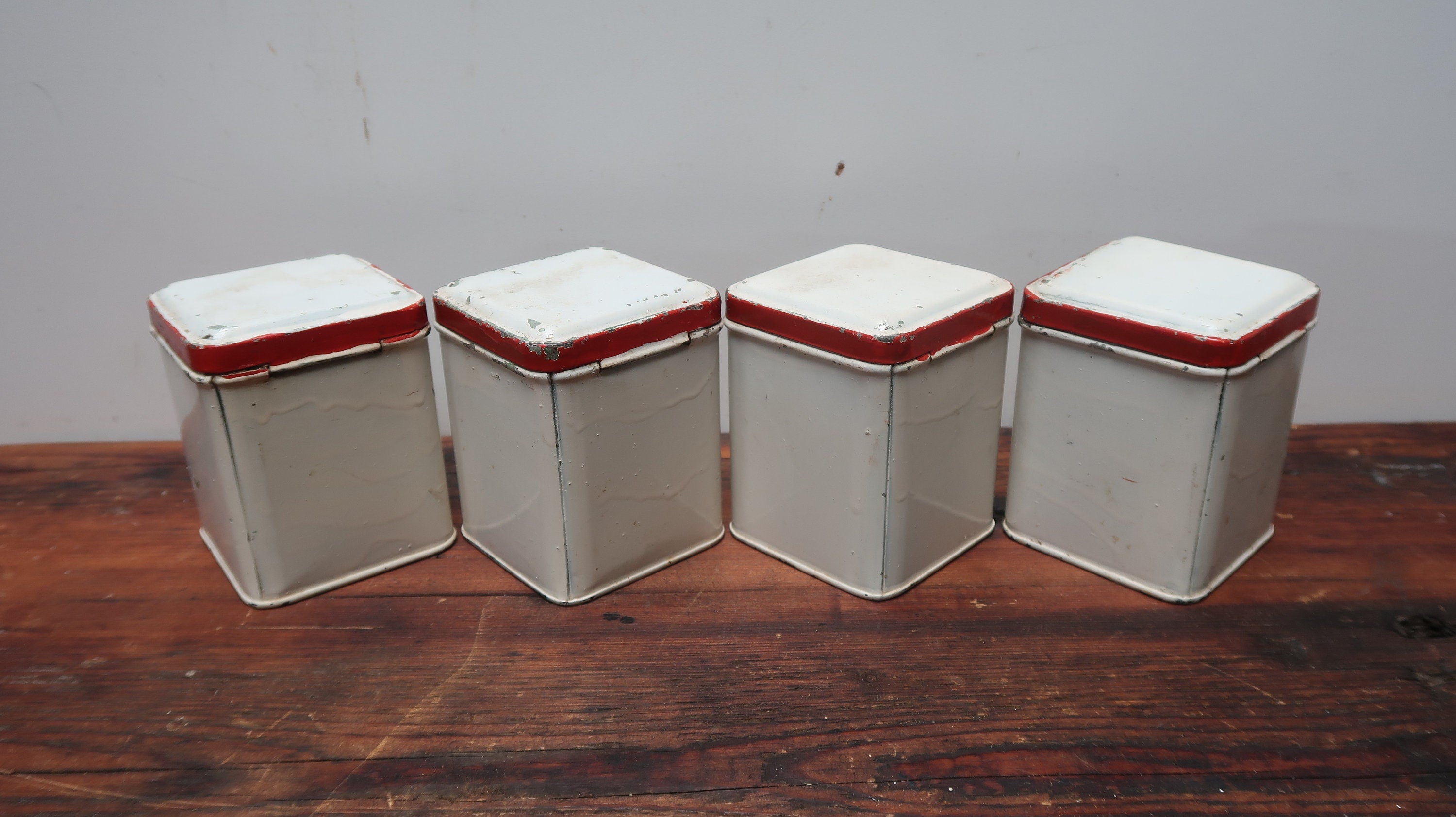 Set of 4 Vintage Hand-Painted Metal Spice Canisters 2.5" x 2.5" x 3.25" H
