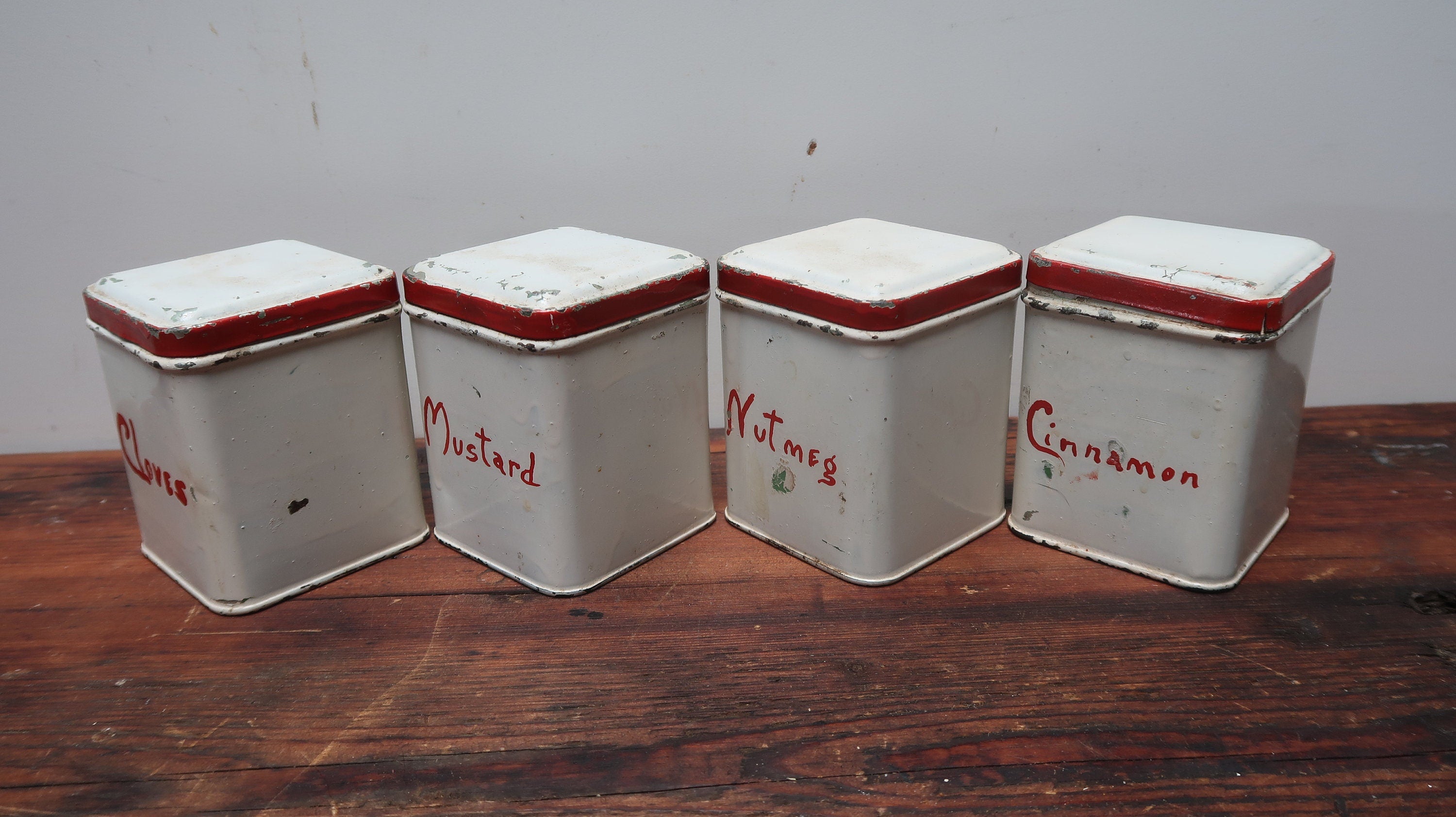 Set of 4 Vintage Hand-Painted Metal Spice Canisters 2.5" x 2.5" x 3.25" H