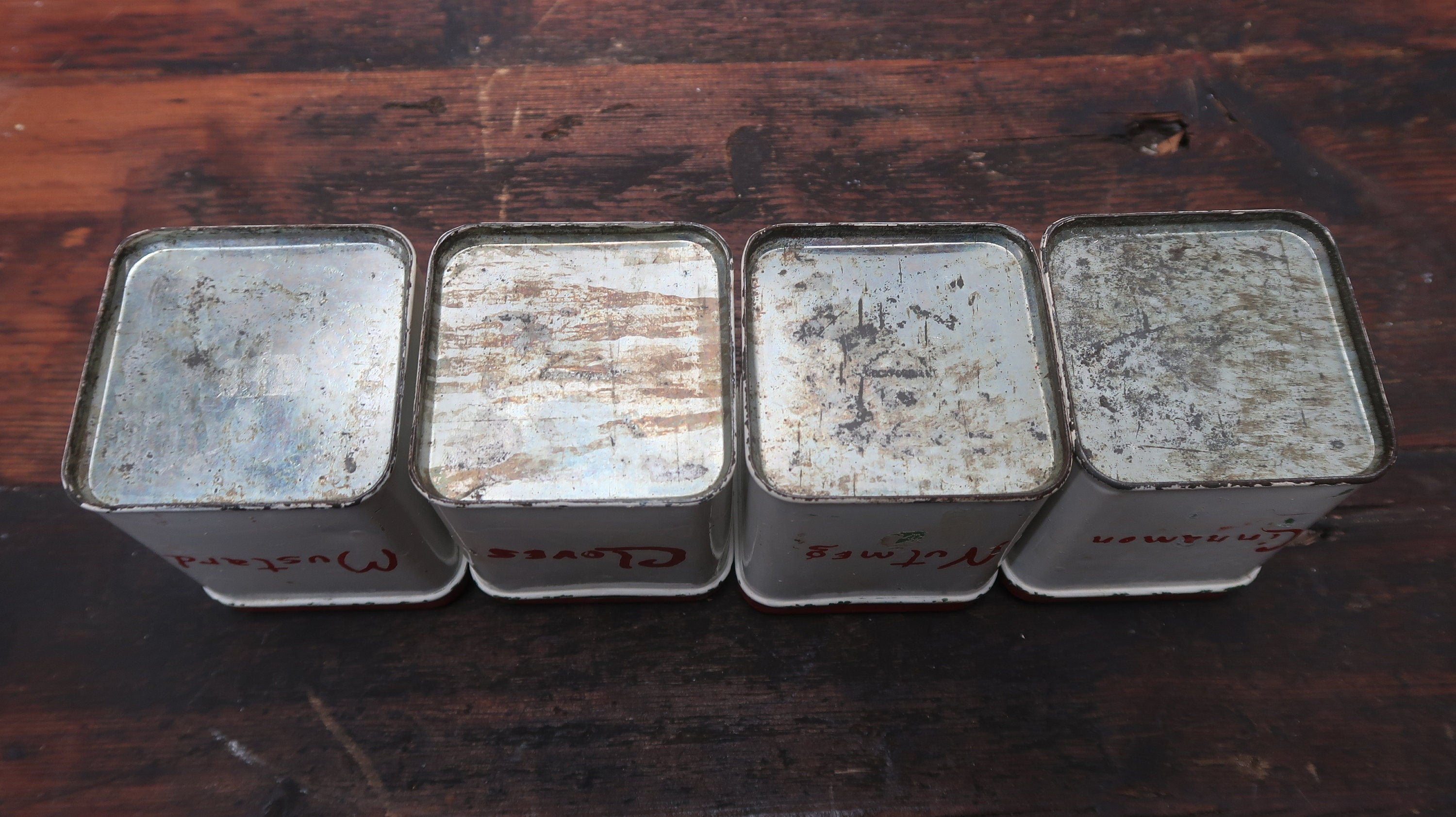 Set of 4 Vintage Hand-Painted Metal Spice Canisters 2.5" x 2.5" x 3.25" H
