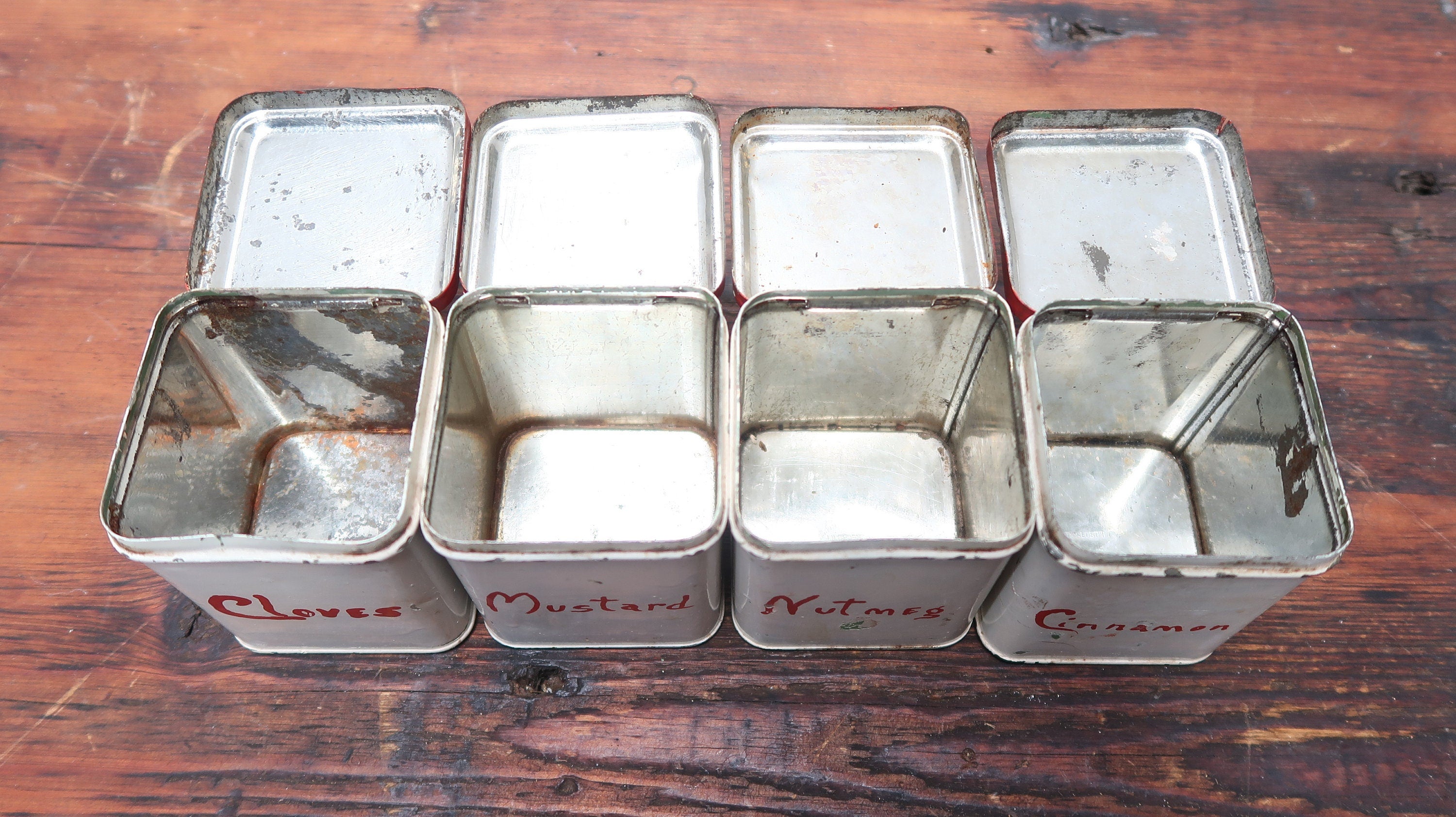 Set of 4 Vintage Hand-Painted Metal Spice Canisters 2.5" x 2.5" x 3.25" H