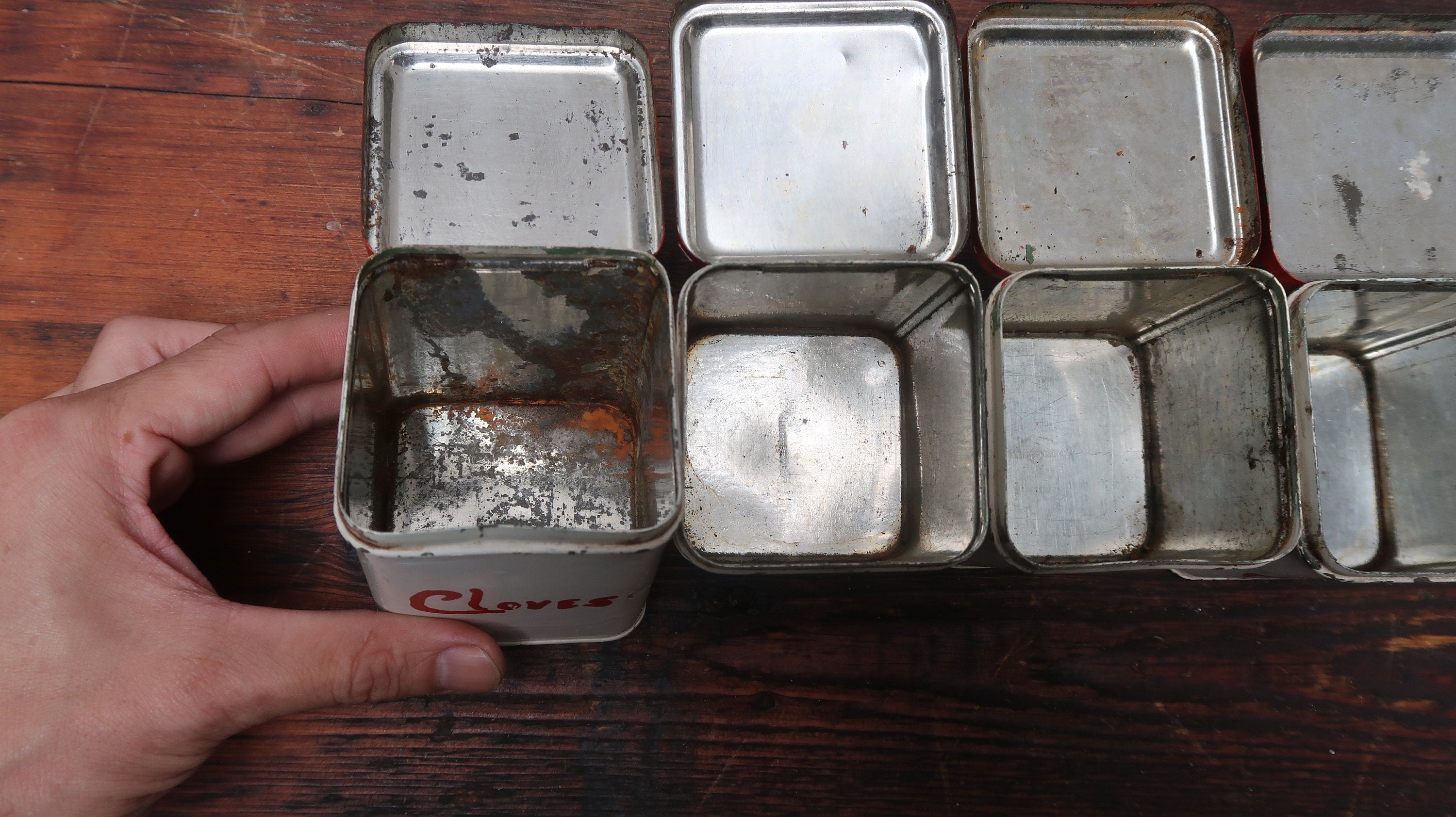 Set of 4 Vintage Hand-Painted Metal Spice Canisters 2.5" x 2.5" x 3.25" H