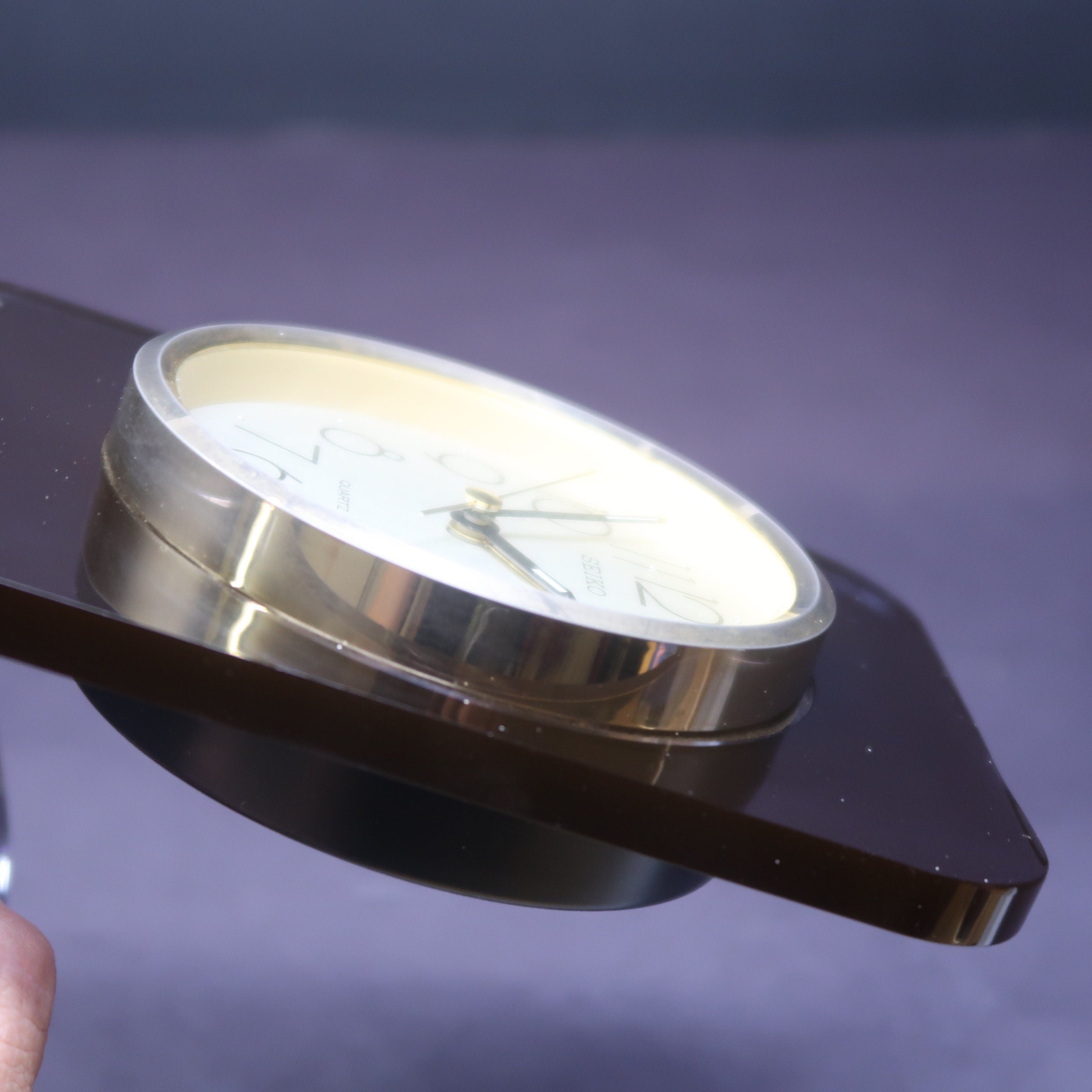 Vintage Seiko Smoked Lucite & Brass Desk Clock 1980s Works