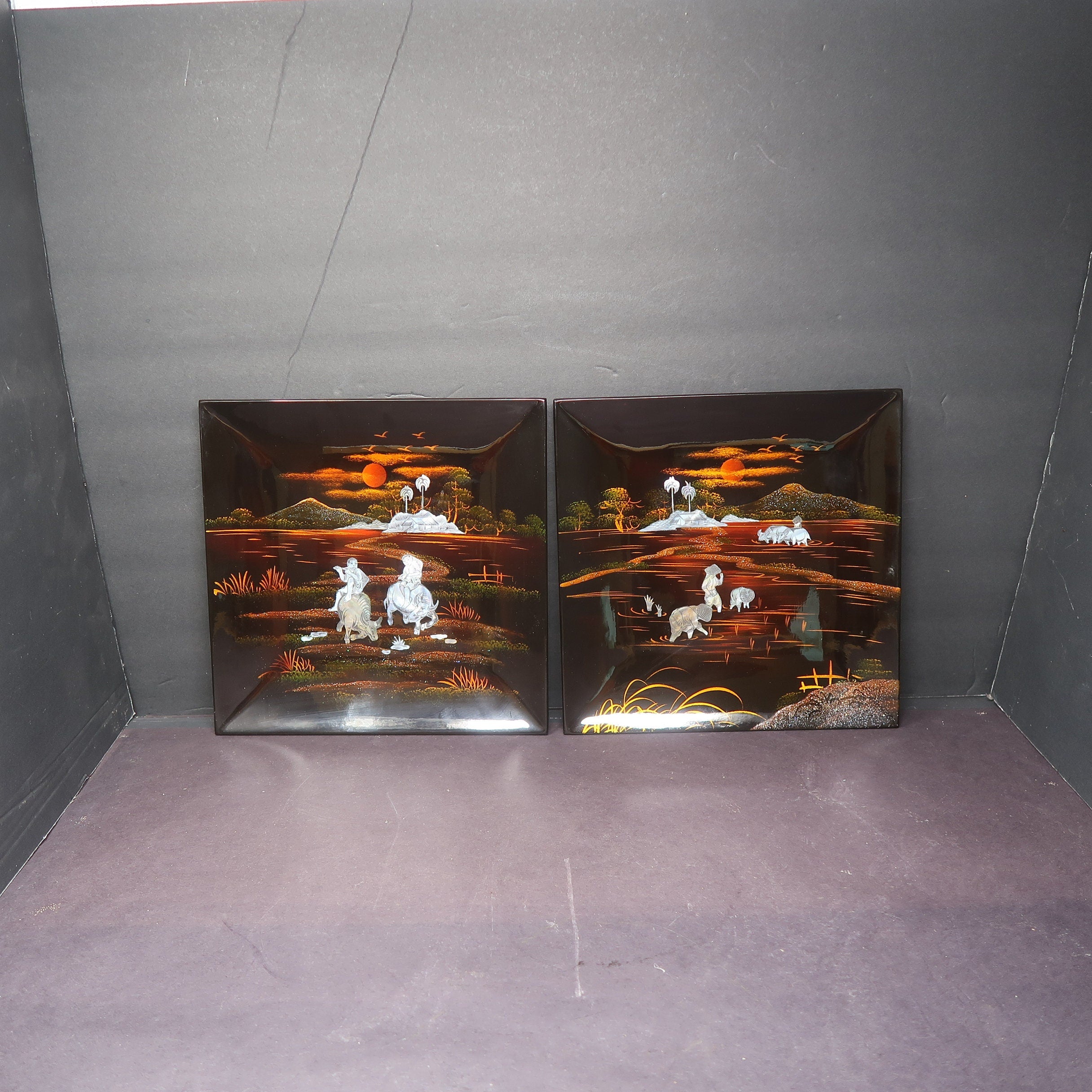Set of 2 Vietnamese Lacquerware Platter Mother of Pearl Inlay Rural Scene 9.5" x 9.5"