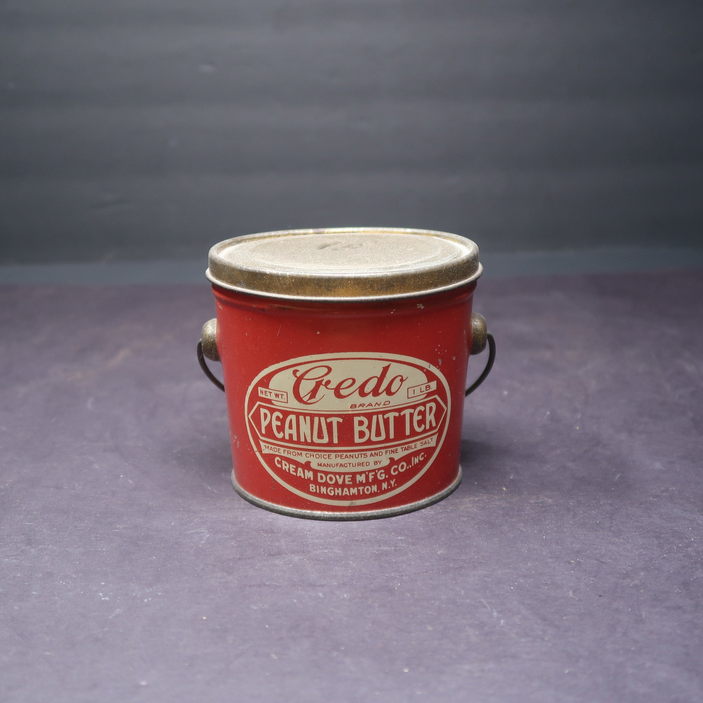 Credo Brand Peanut Butter 1 Lb. Tin Pail Cream Dove Mfg. Co Inc. Binghamton, NY