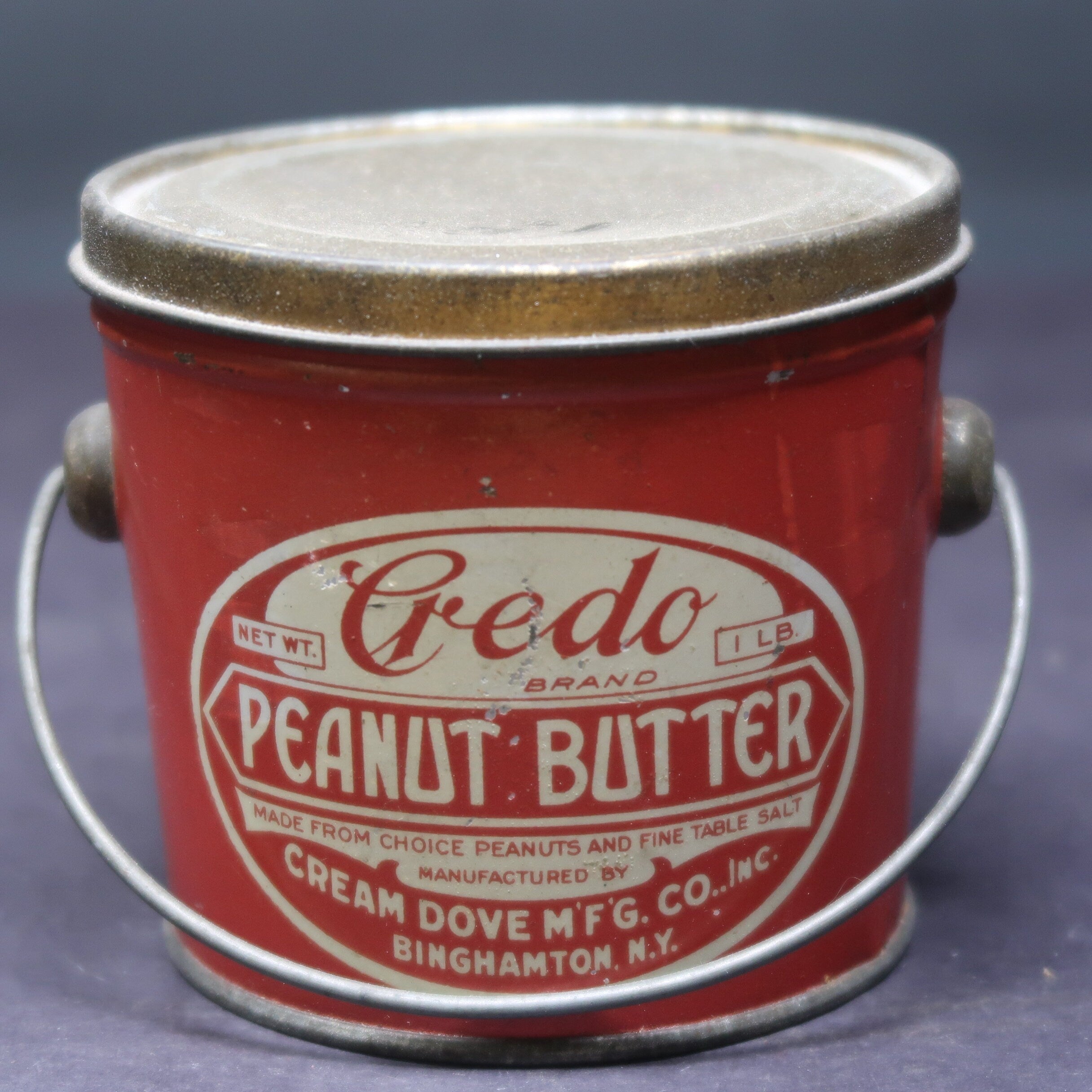 Credo Brand Peanut Butter 1 Lb. Tin Pail Cream Dove Mfg. Co Inc. Binghamton, NY