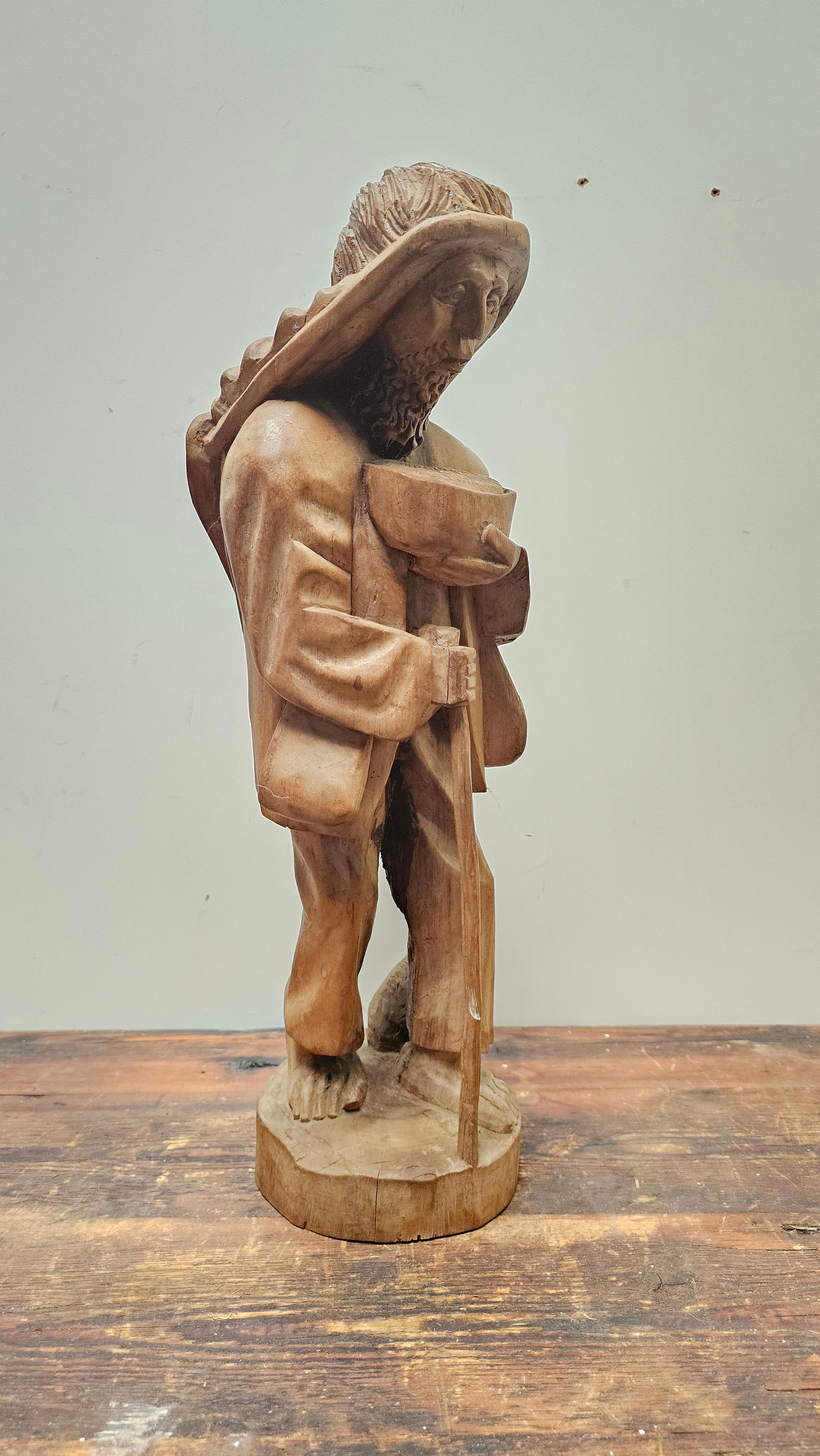 Vintage Hand Carved Solid Wood Figure Traveler With Cat Statue Vagabond 20" Tall