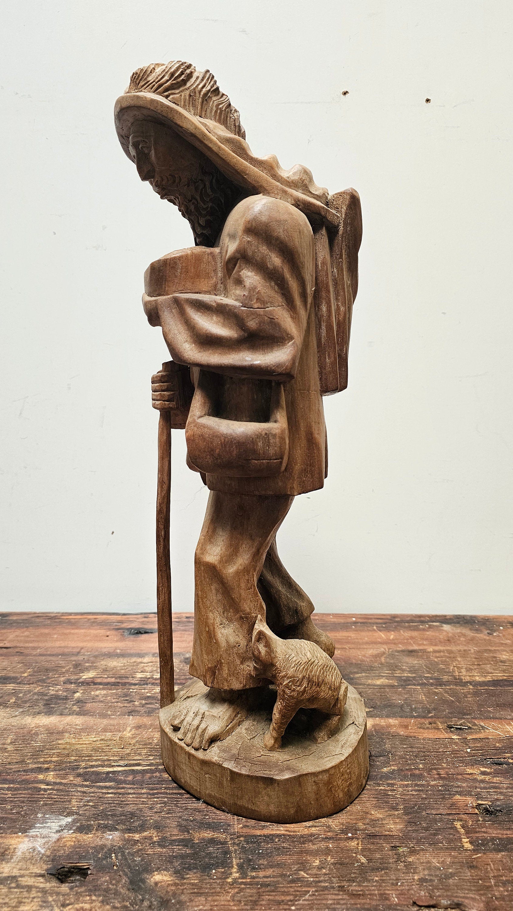 Vintage Hand Carved Solid Wood Figure Traveler With Cat Statue Vagabond 20" Tall