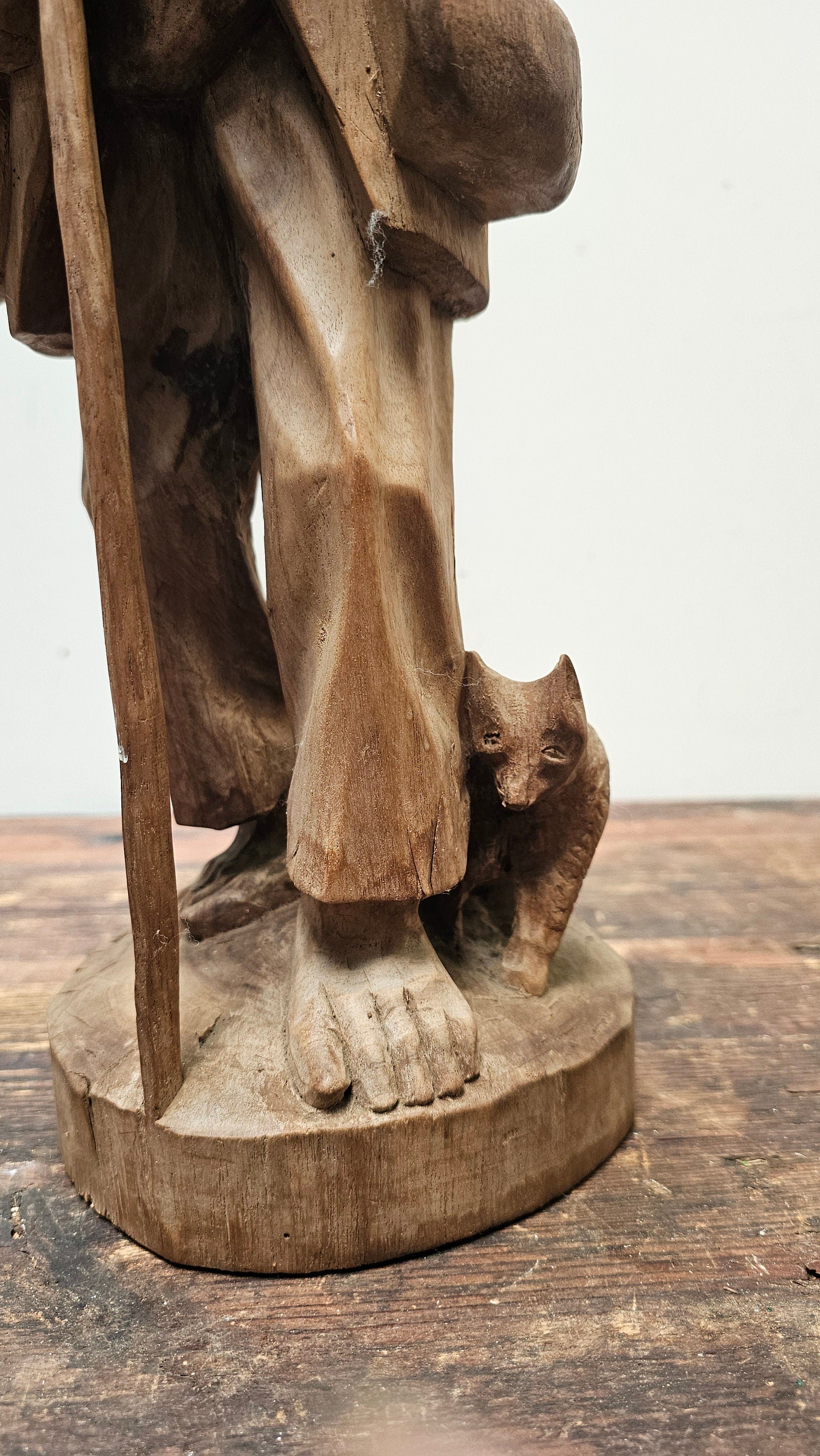 Vintage Hand Carved Solid Wood Figure Traveler With Cat Statue Vagabond 20" Tall