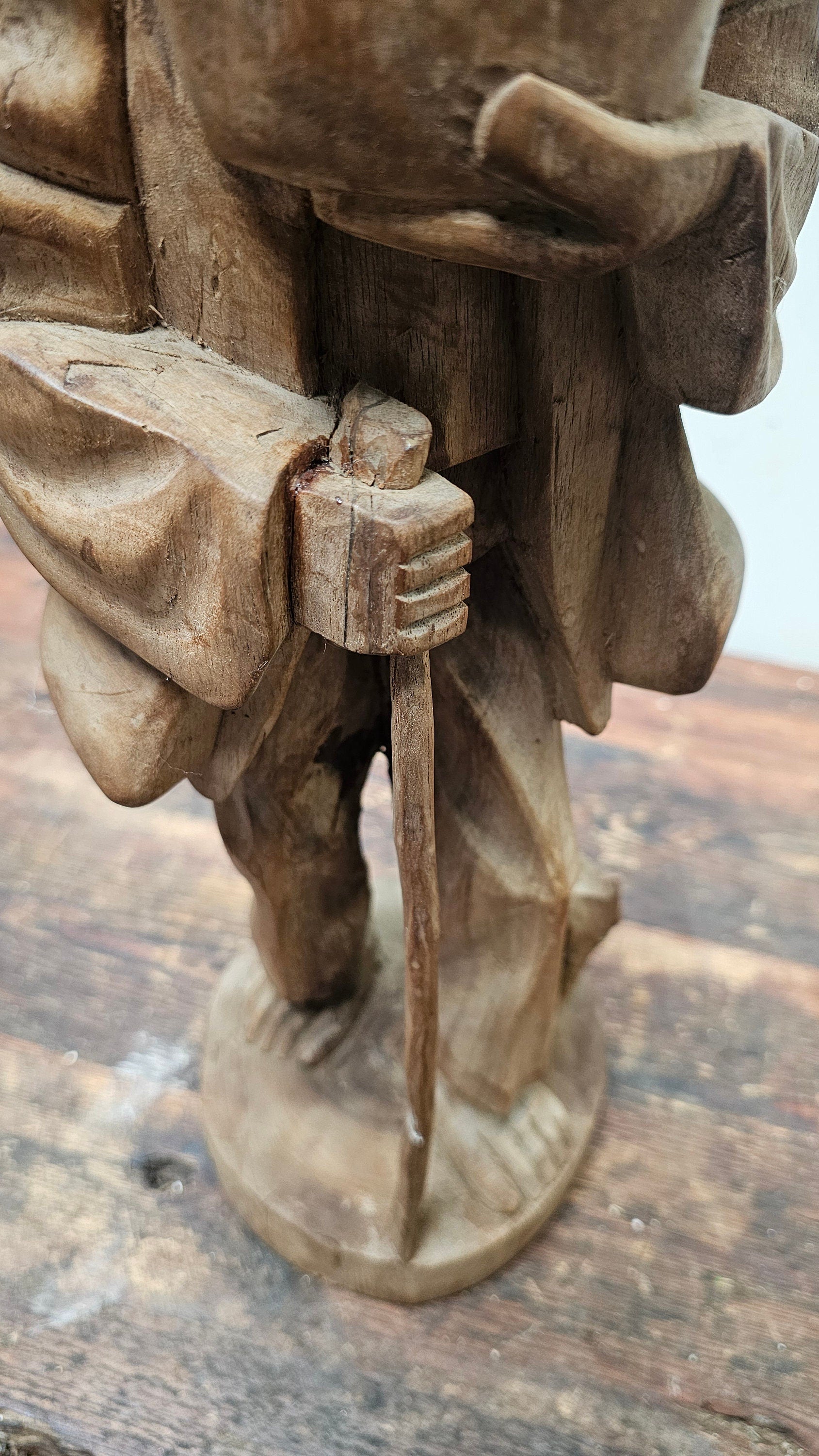 Vintage Hand Carved Solid Wood Figure Traveler With Cat Statue Vagabond 20" Tall