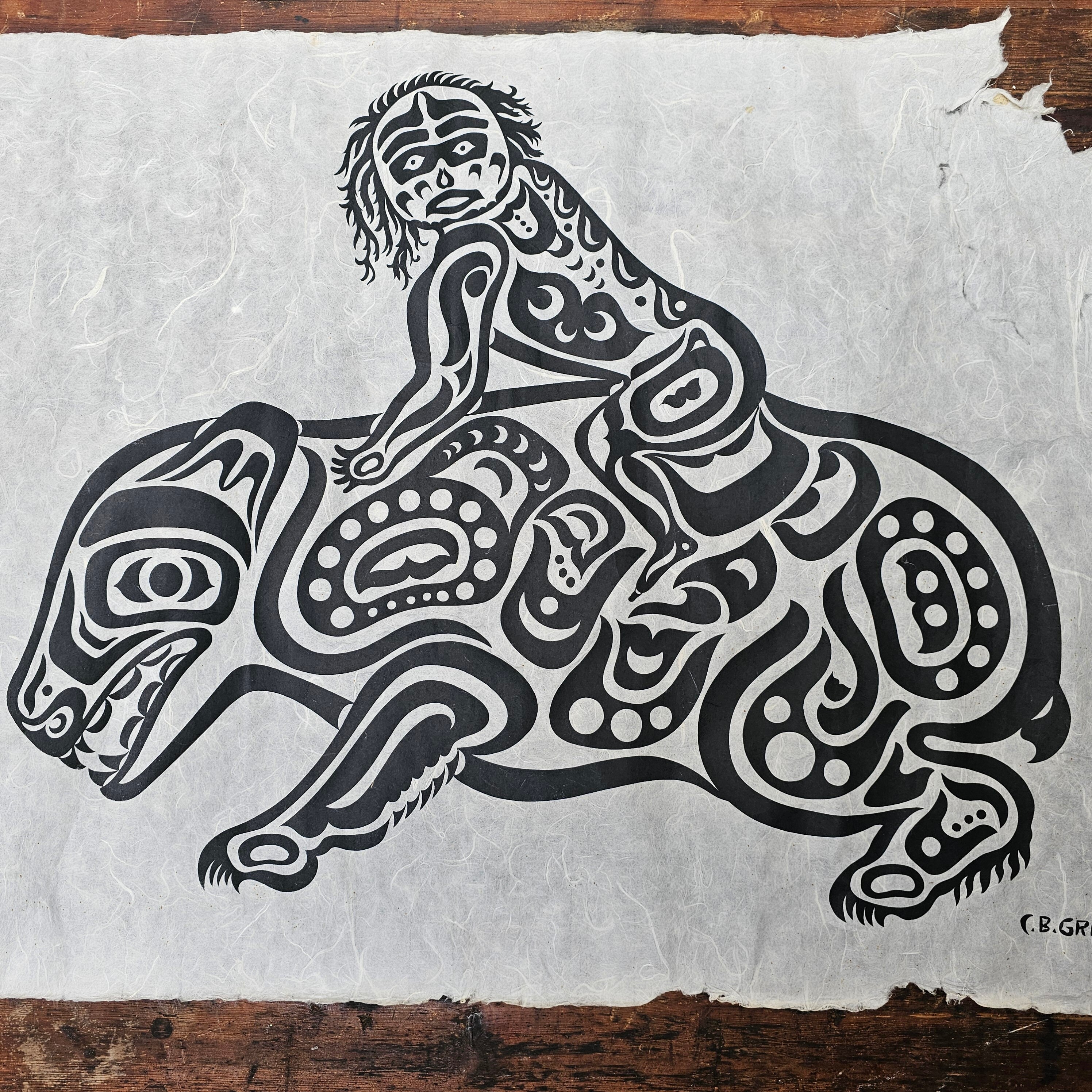 Charles B. Greul Serigraph On Rice Paper " Shaman with Grizzly " 36" x 24"