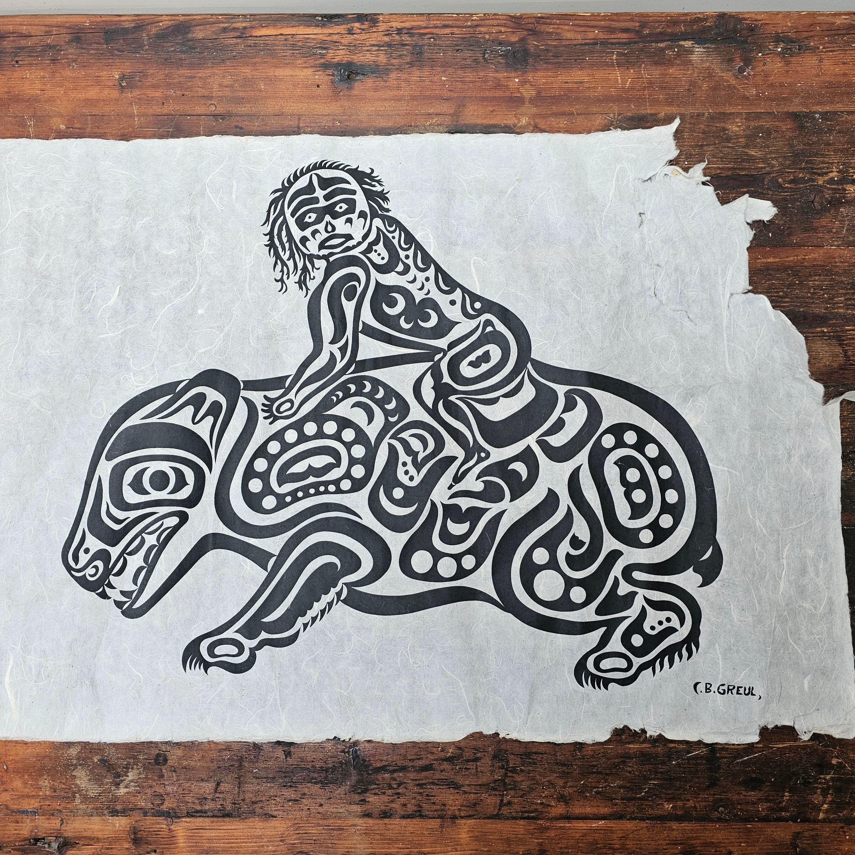 Charles B. Greul Serigraph On Rice Paper " Shaman with Grizzly " 36" x 24"