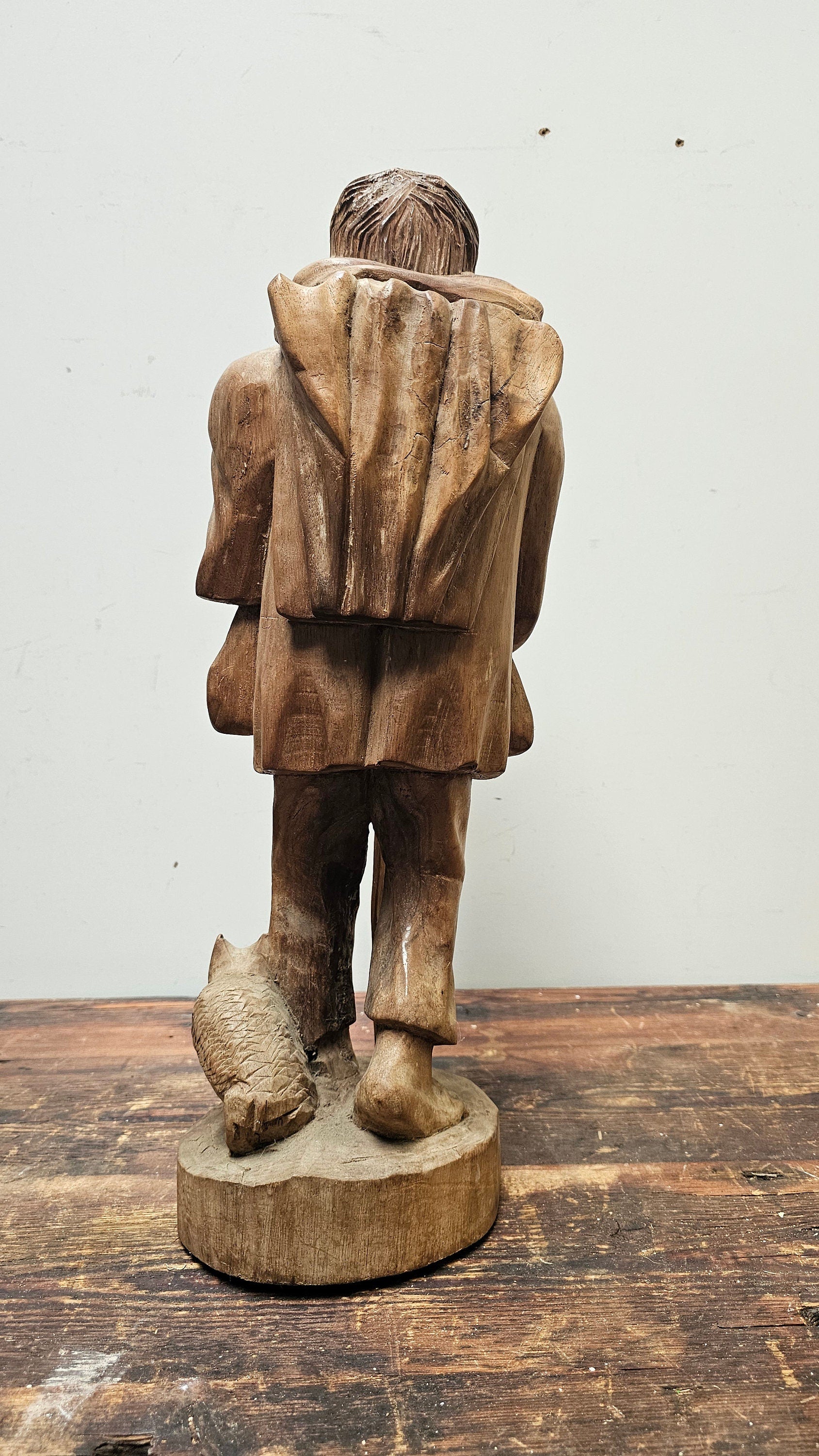 Vintage Hand Carved Solid Wood Figure Traveler With Cat Statue Vagabond 20" Tall