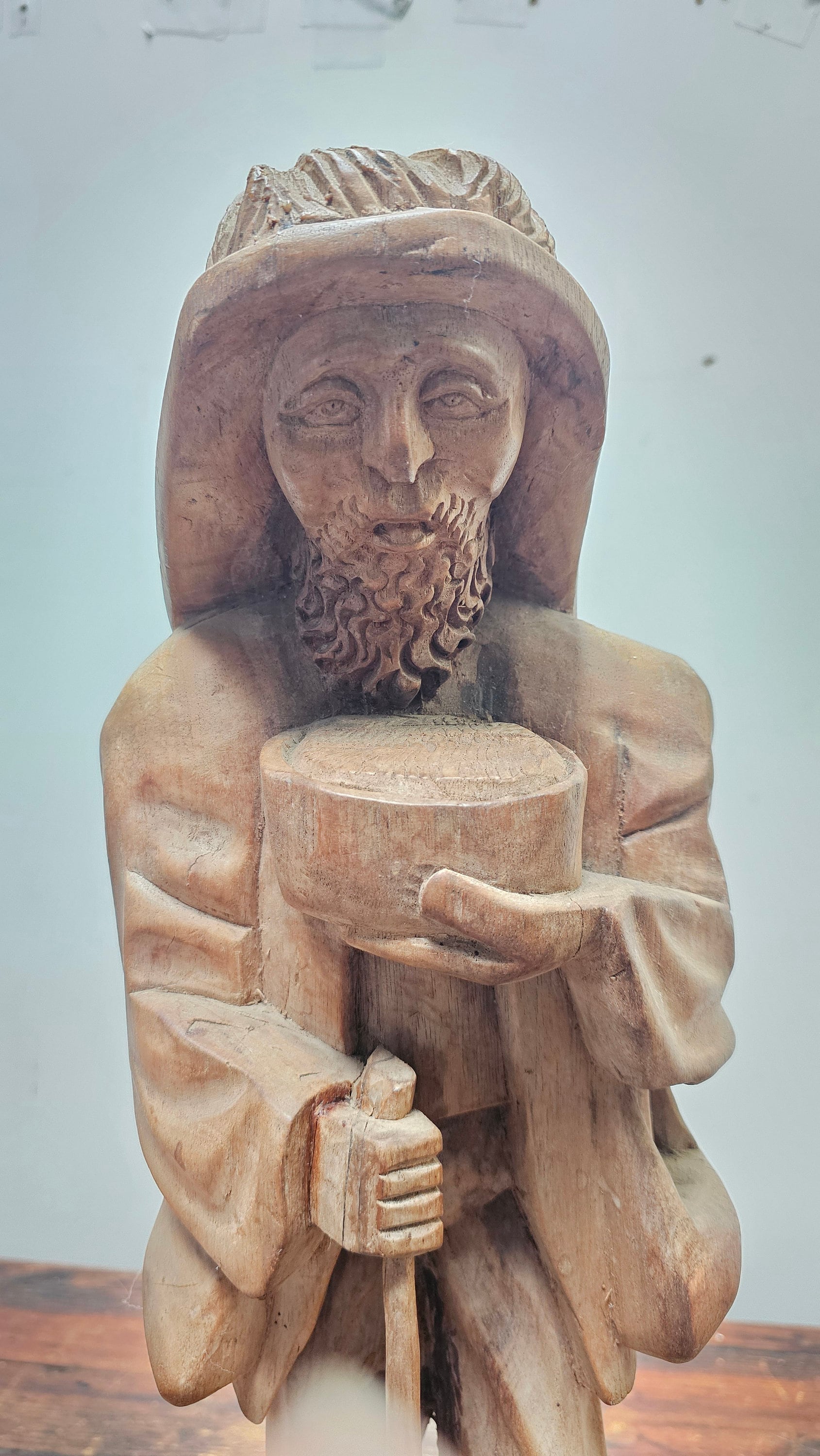 Vintage Hand Carved Solid Wood Figure Traveler With Cat Statue Vagabond 20" Tall