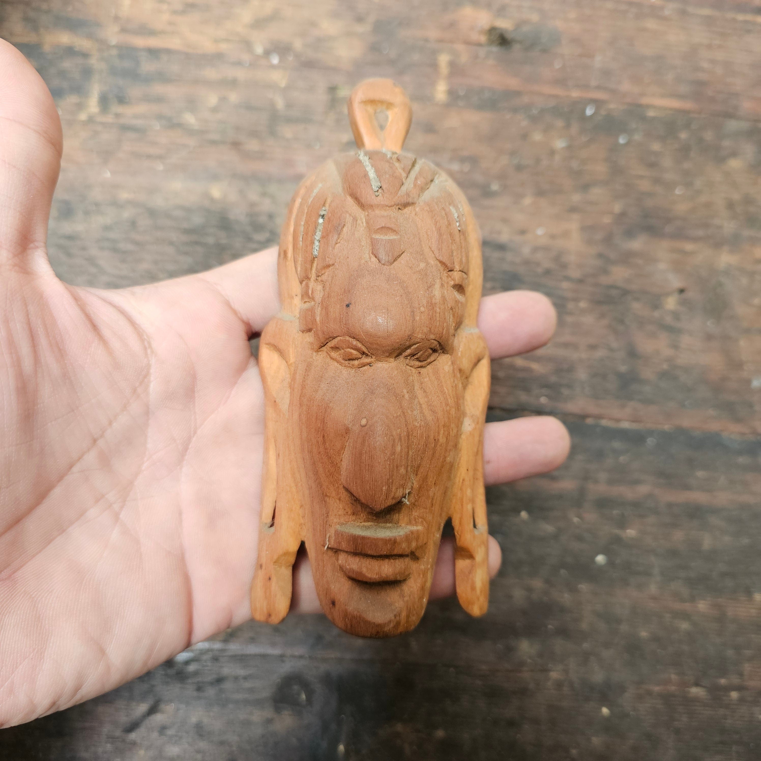 African Carved Face Wood Hand Carved Wall Decor Vintage 5.75"
