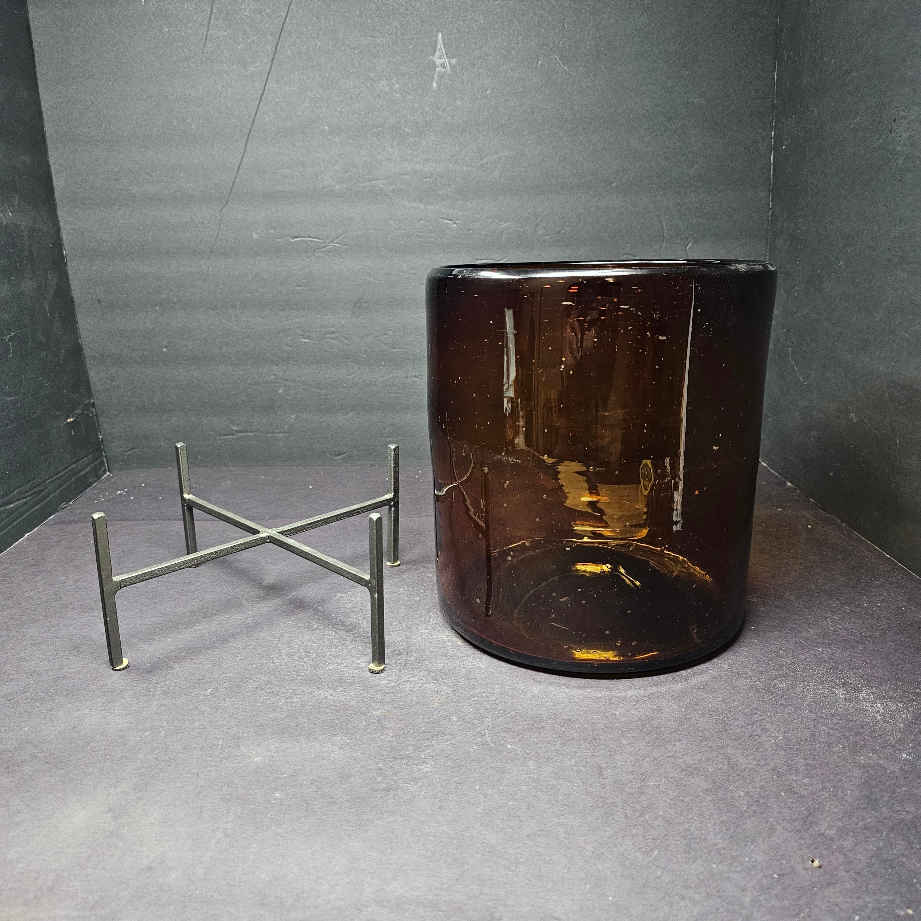 Amber Glass Cylinder Storage Container Flower Vase With Metal Stand