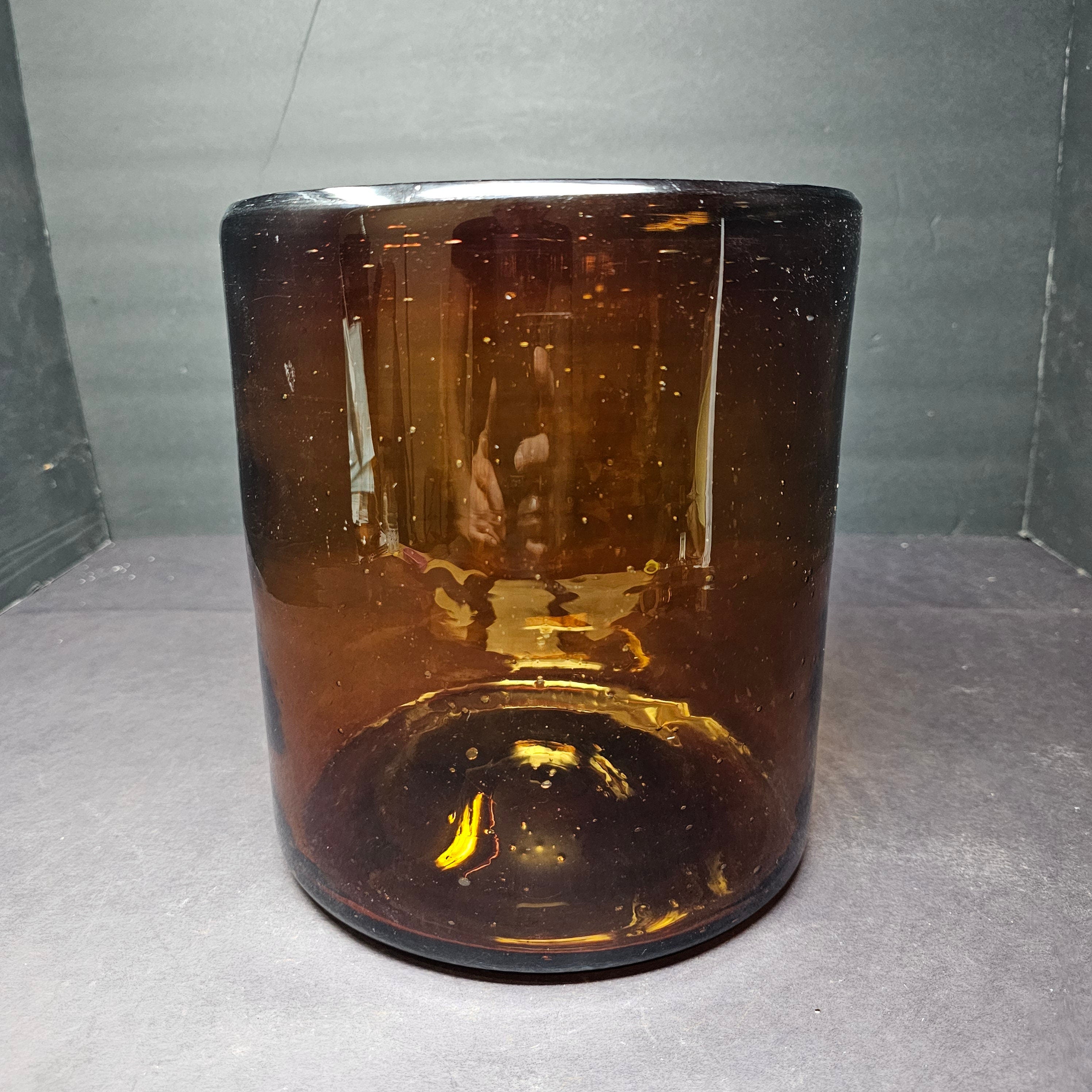 Amber Glass Cylinder Storage Container Flower Vase With Metal Stand