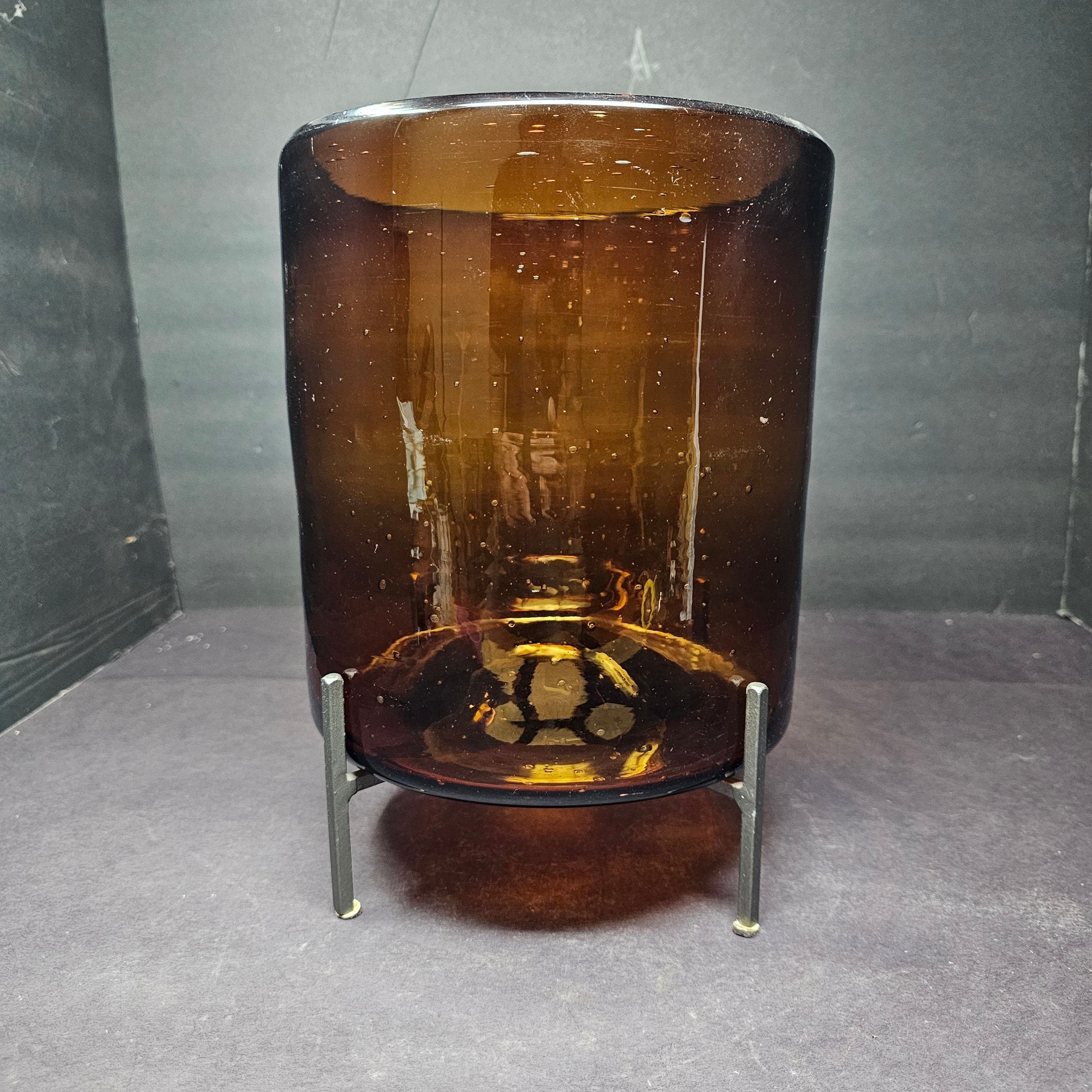 Amber Glass Cylinder Storage Container Flower Vase With Metal Stand
