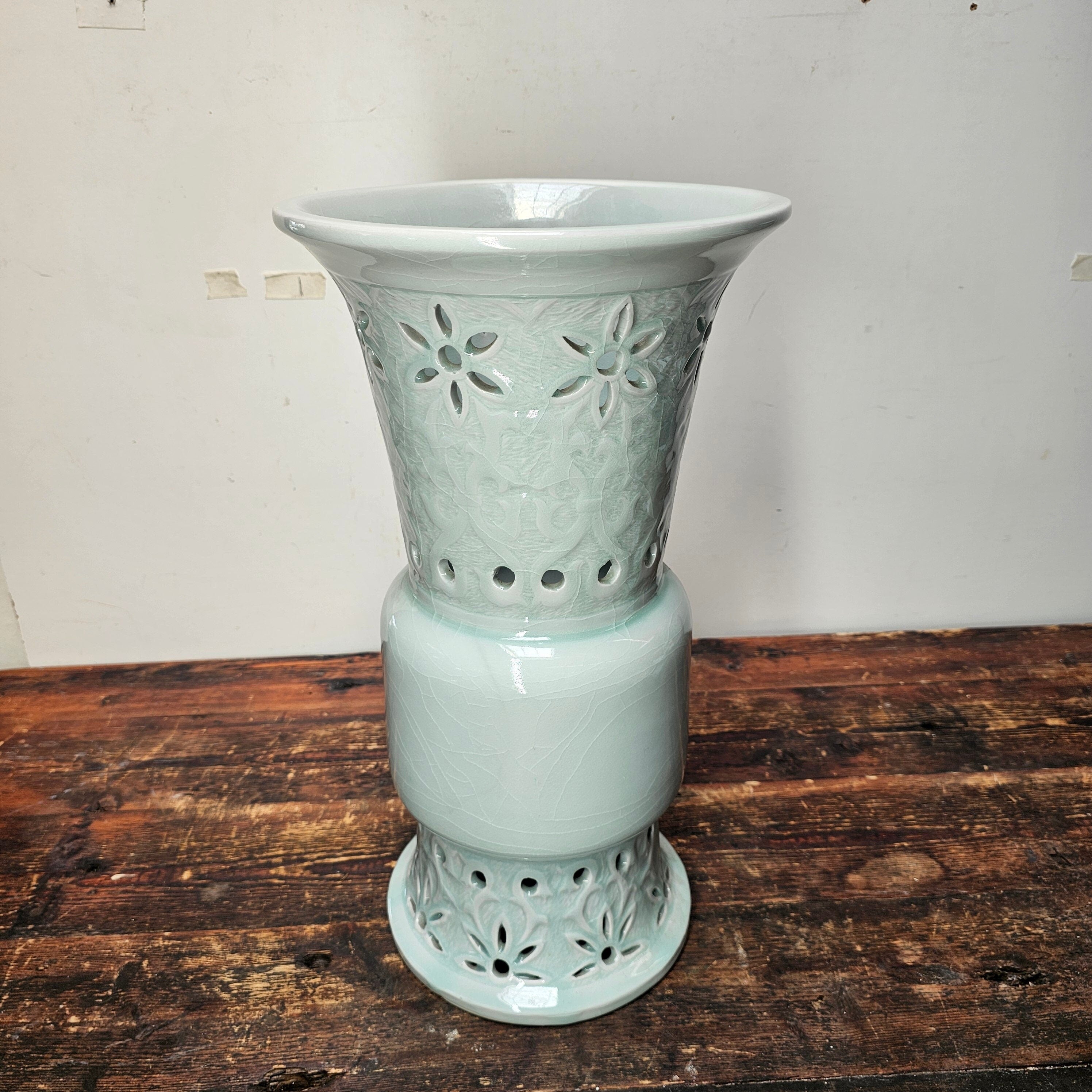 Chinese Gu Beaker Style Celadon Vase Footed Flower Vase 19.75" H