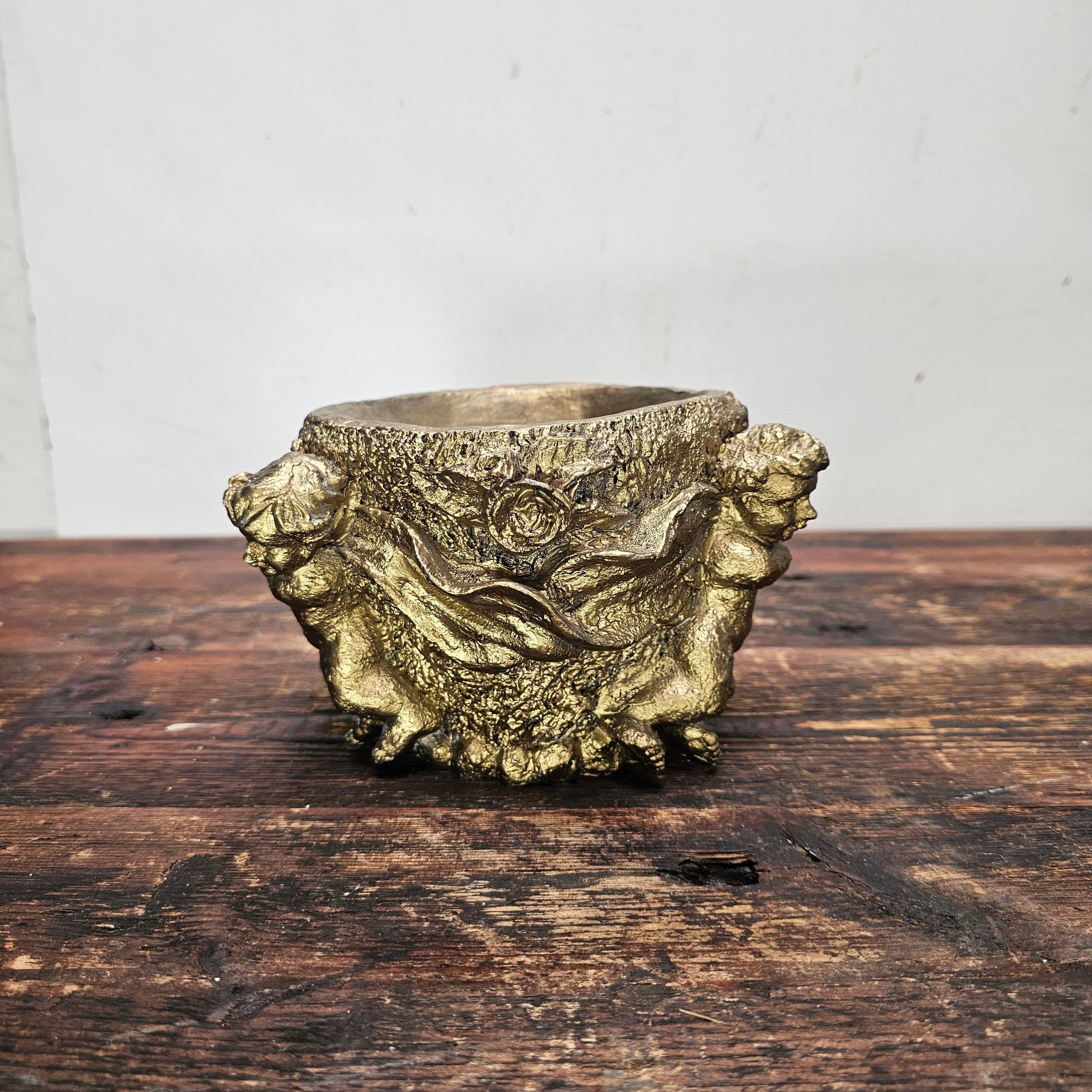 Vintage Gold Cherubs Candle Holder Planter Trinket 7" Dia x 4.5" H