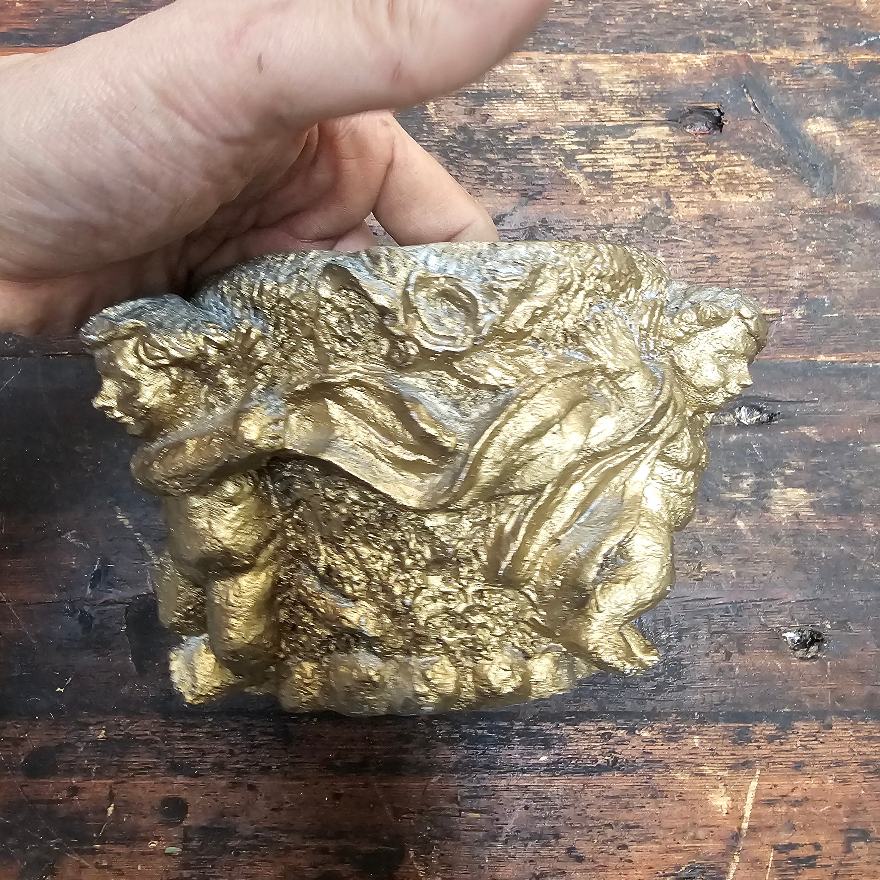 Vintage Gold Cherubs Candle Holder Planter Trinket 7" Dia x 4.5" H