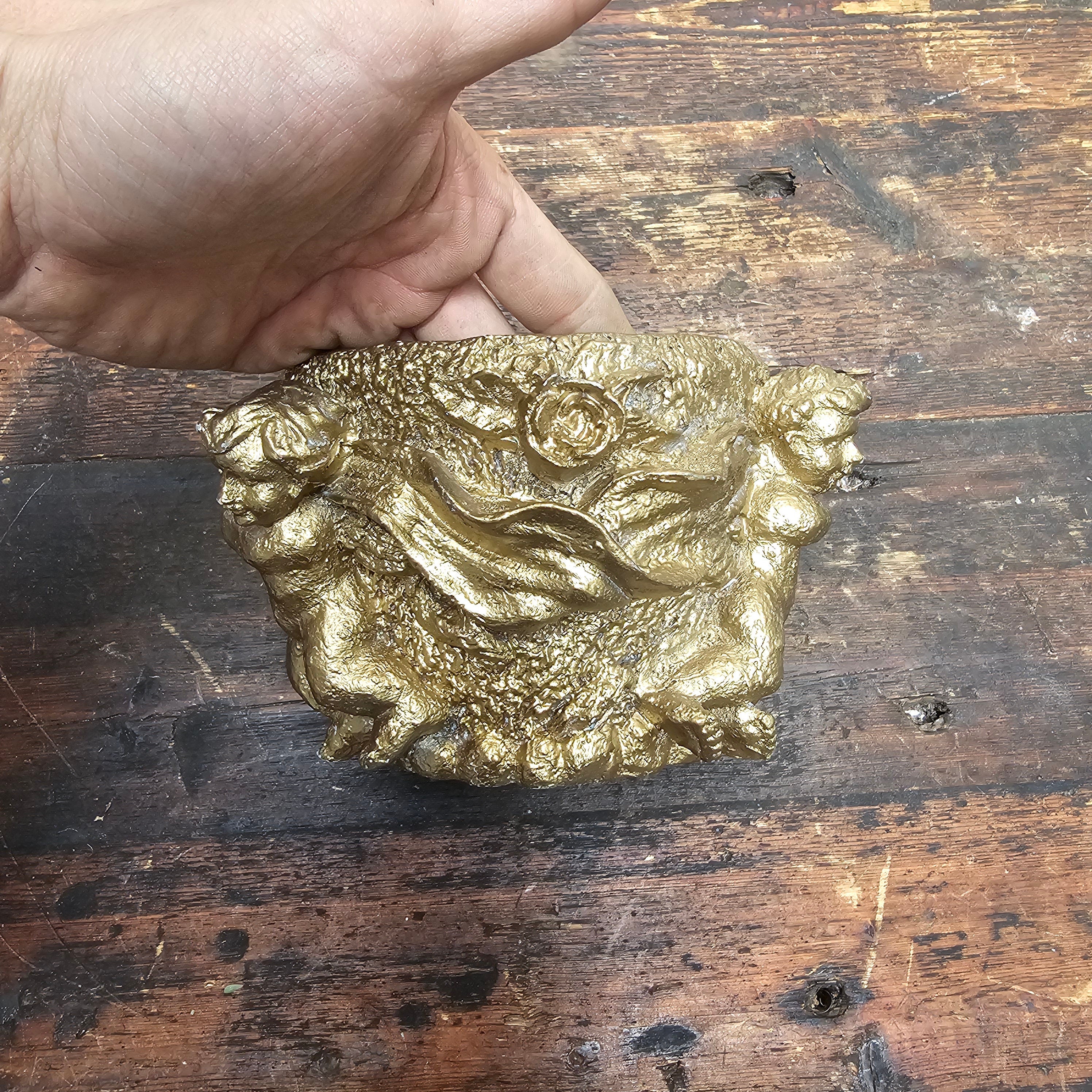 Vintage Gold Cherubs Candle Holder Planter Trinket 7" Dia x 4.5" H