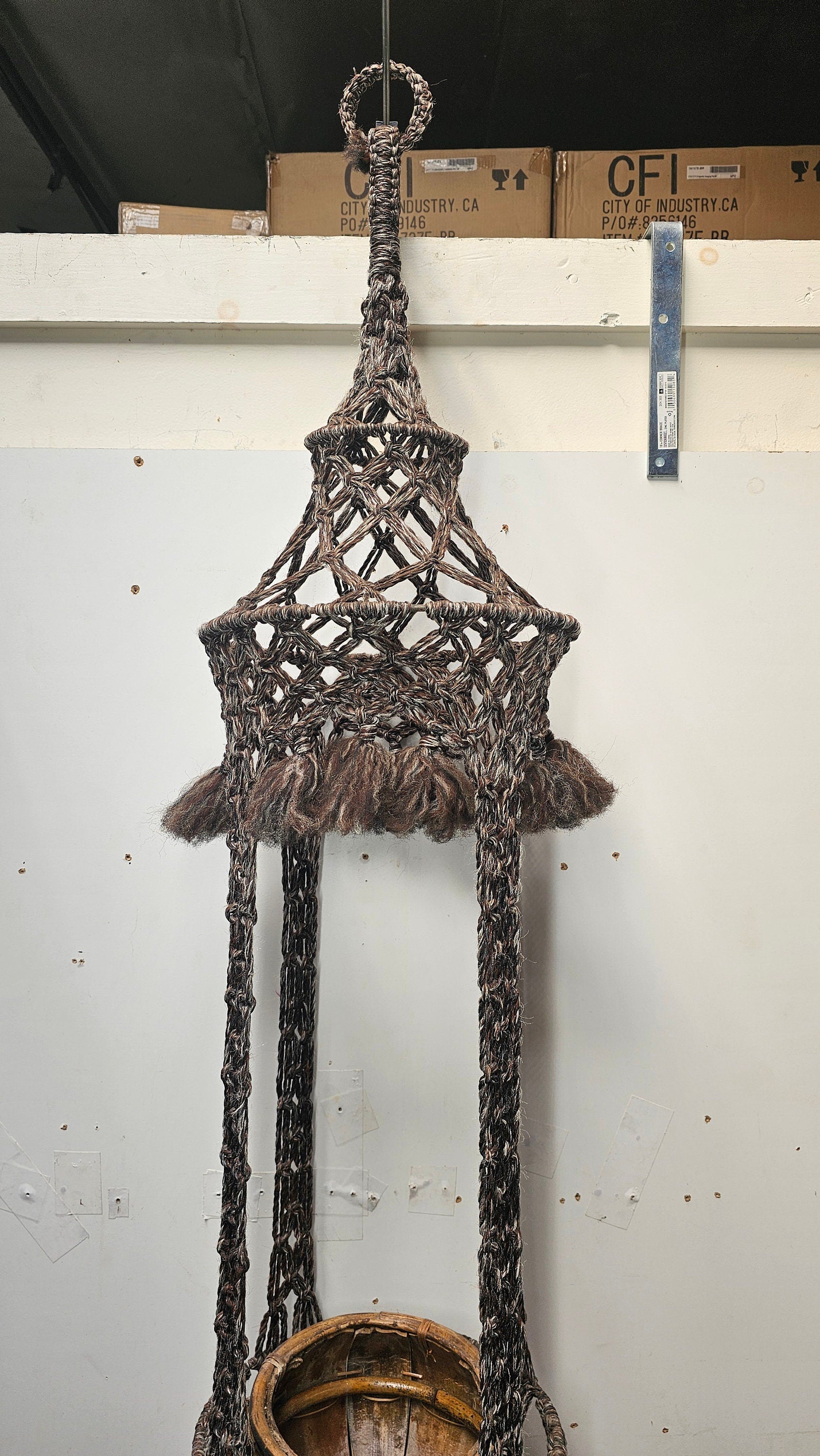 Macrame Wool Yarn Hanging Plant Holder With Ratten Bamboo Planter Boho 68" H